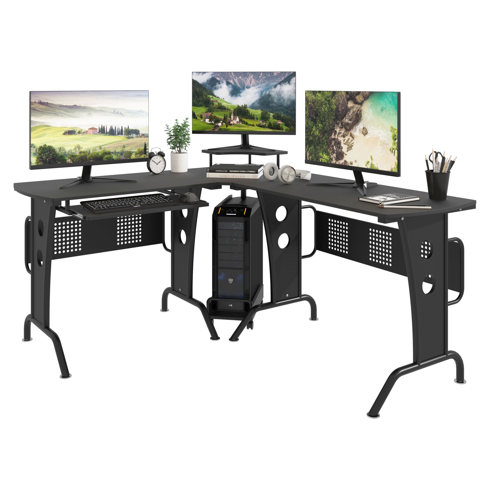 HOMCOM L-Shaped Corner Desk, Gaming Desk with CPU Rack, Keyboard Tray, Space-Saving Computer Desk with Steel Frame for Home Office,165 x 145 x 86.5cm, Black - North Peak Garden Furniture