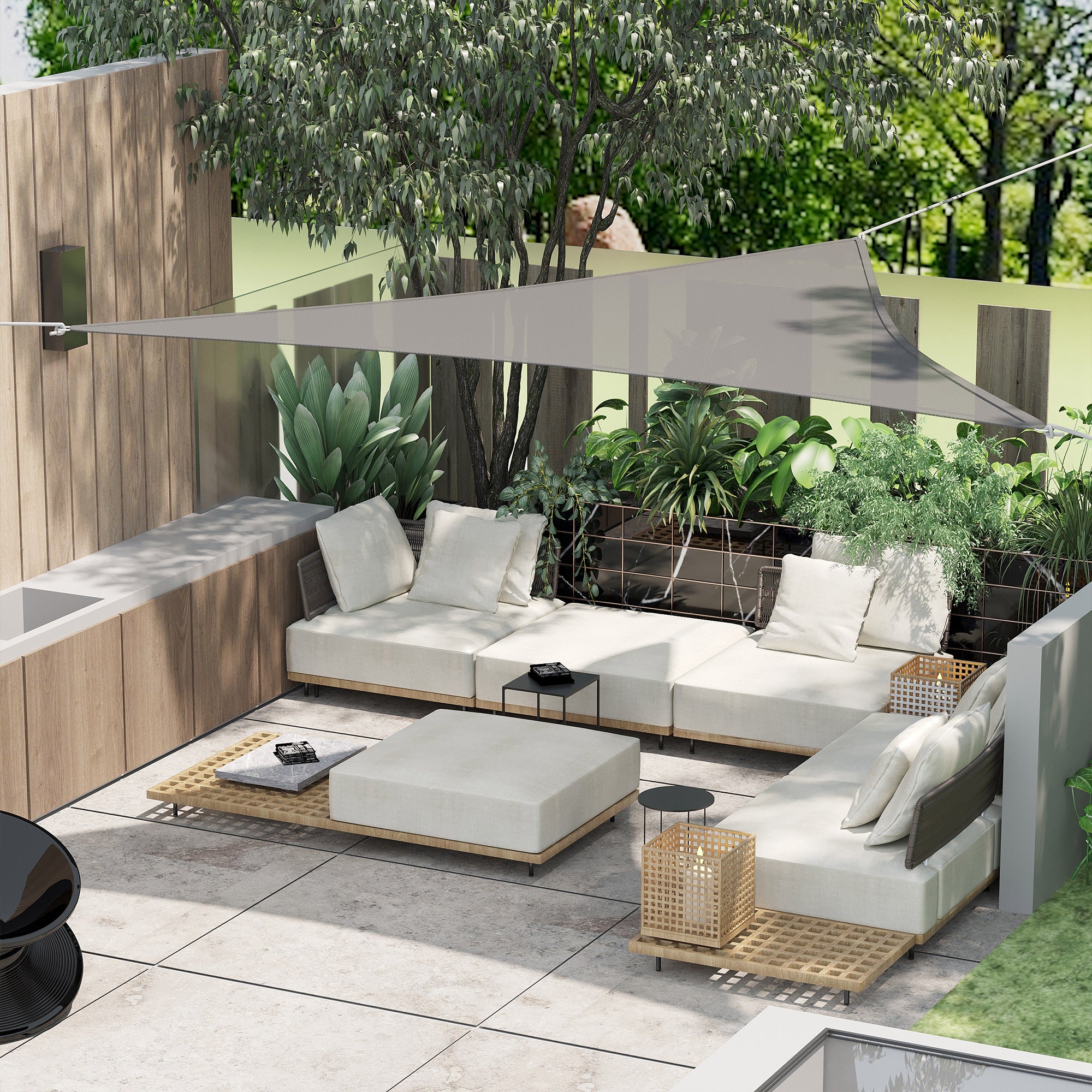 Outsunny 4x4m Triangle Sun Shade Sail, Outdoor UV Protection HDPE Canopy, Patio Deck Shelter with Steel Rings and Ropes, Grey - North Peak Garden Furniture