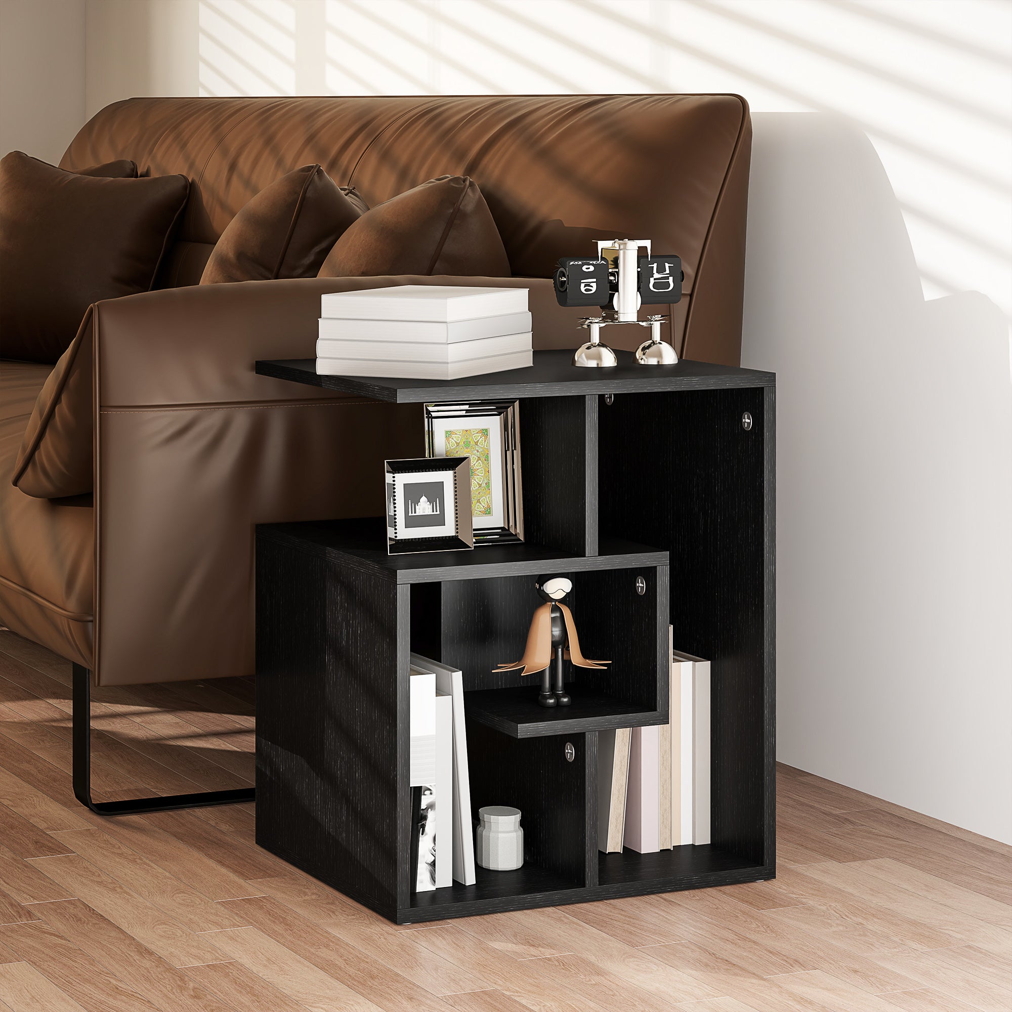 HOMCOM Side Table, 3 Tier End Table with Open Storage Shelves for Living Room, Bedroom, Black - North Peak Garden Furniture