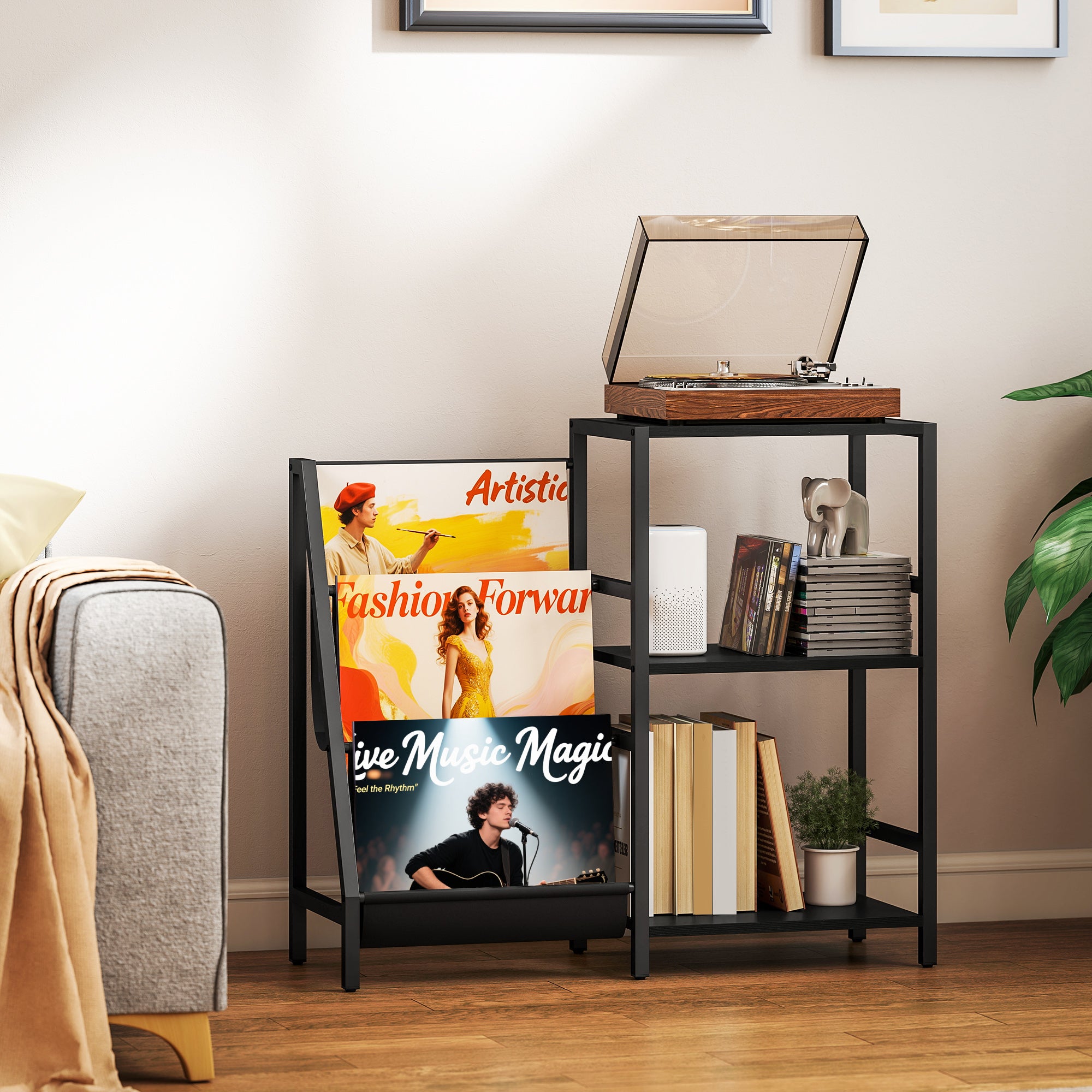 HOMCOM 3-Tier Record Player Stand, End Table for Living Room, Bedroom - Black Wood Effect - North Peak Garden Furniture