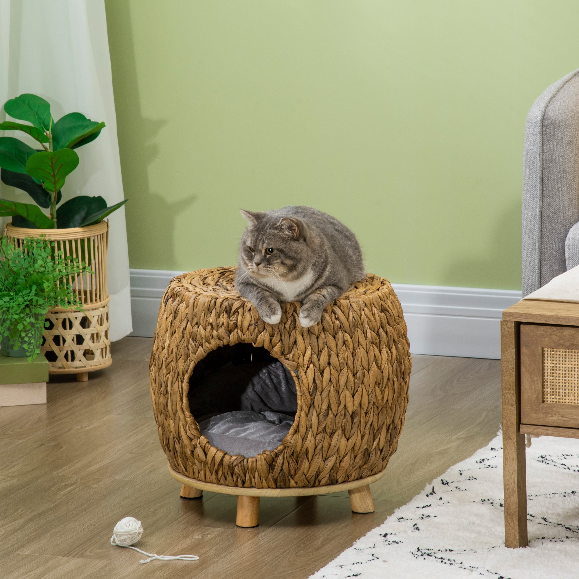 PawHut Wicker Cat Bed Cat House Stool with Washable Cushion, 44 x 43 x 41cm - North Peak Garden Furniture
