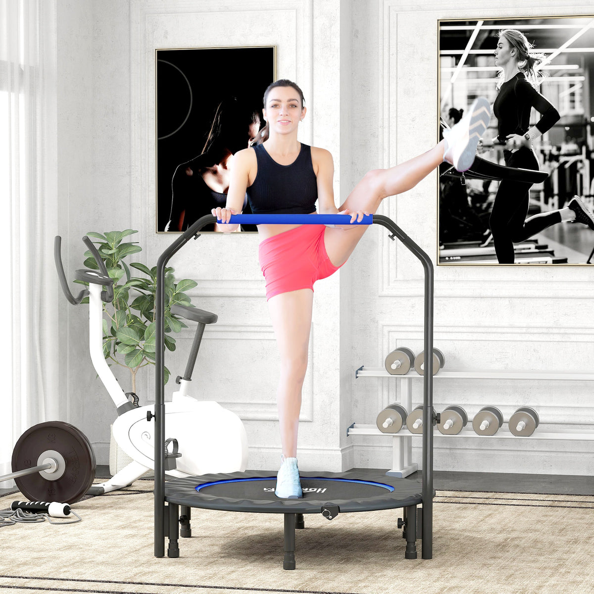 HOMCOM 45" Foldable Mini Fitness Trampoline, with Adjustable Foam Handle, Blue