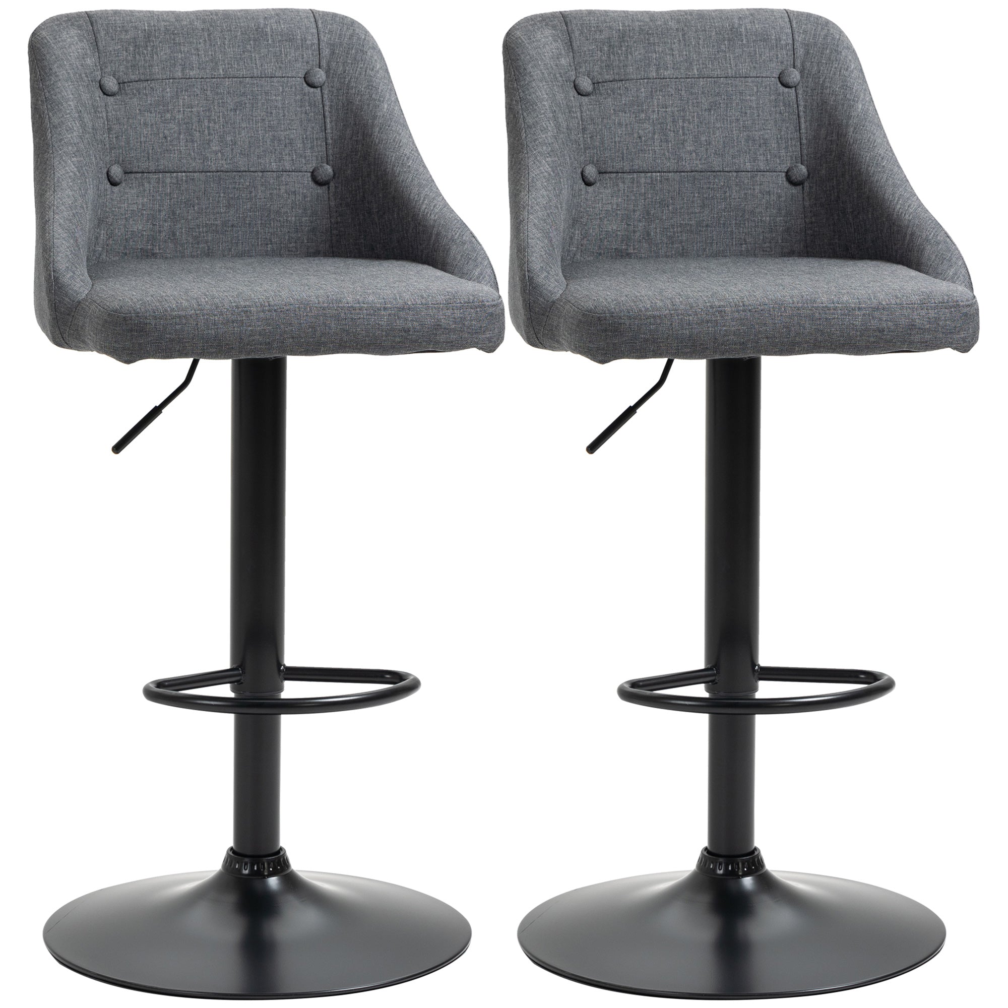 HOMCOM Modern Adjustable Bar Stools Set of 2, Swivel Fabric Barstools with Footrest, Armrests and Back, for Kitchen Counter and Dining Room, Dark Grey - North Peak Garden Furniture