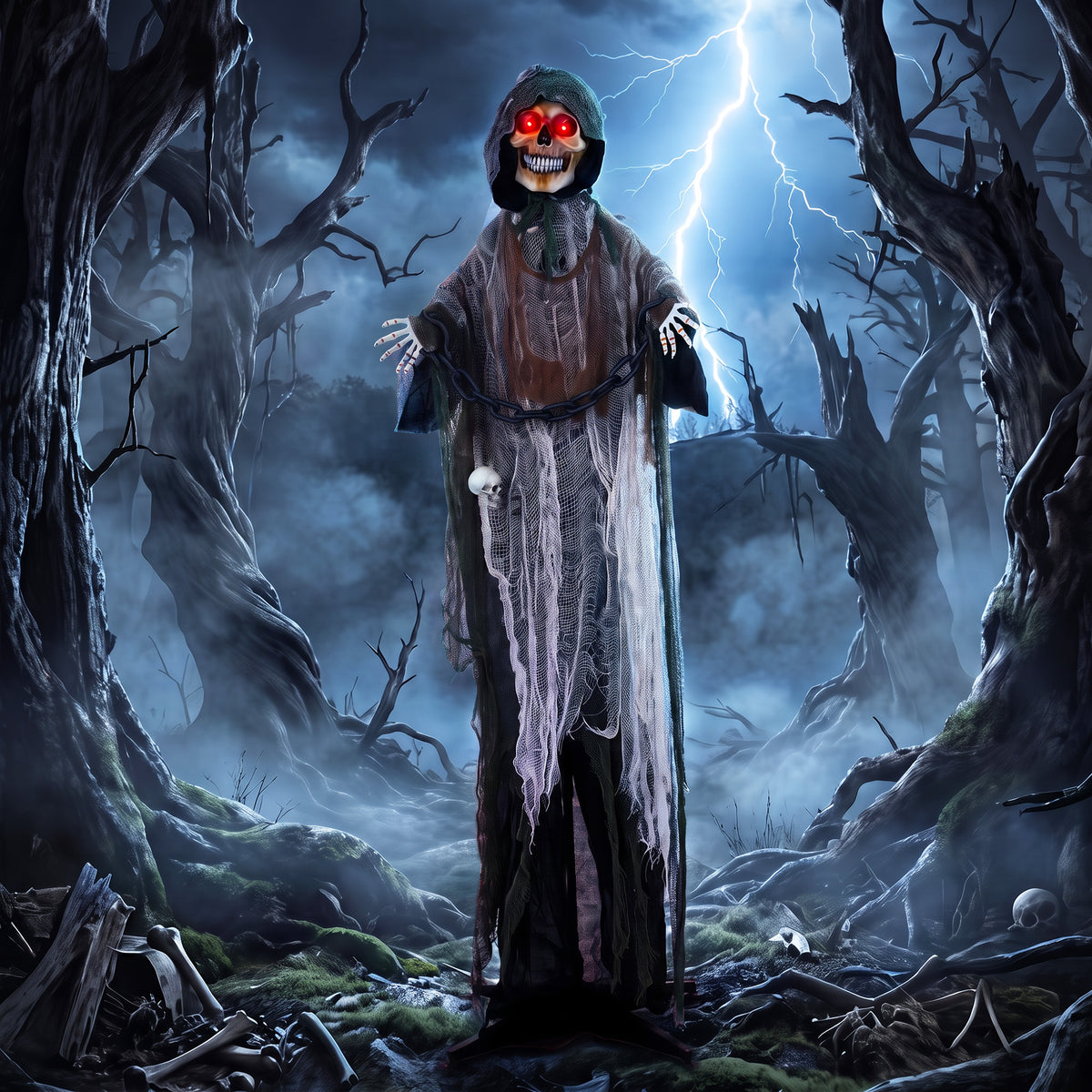 HOMCOM 170cm Animated Grim Reaper, Life-Size Halloween Animatronic with Moving Hands/Head, Glowing Eyes, Creepy Sound