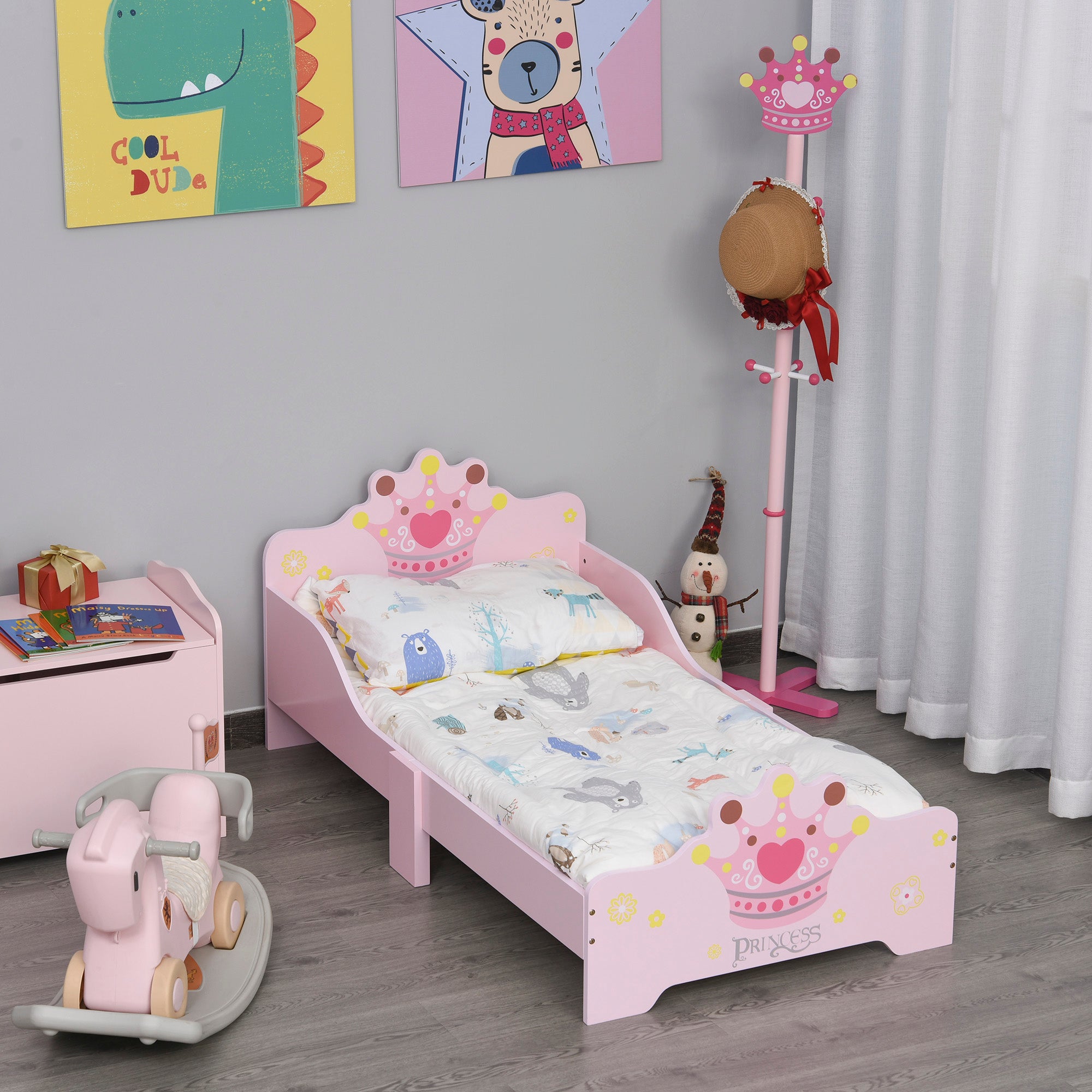 HOMCOM Kids Toddler Bed Princess Crown Theme Safety Side Rails Slats Home Bedroom Furniture Boys Girls 3-6 Yrs Pink 143 x 73 x 60 cm - North Peak Garden Furniture