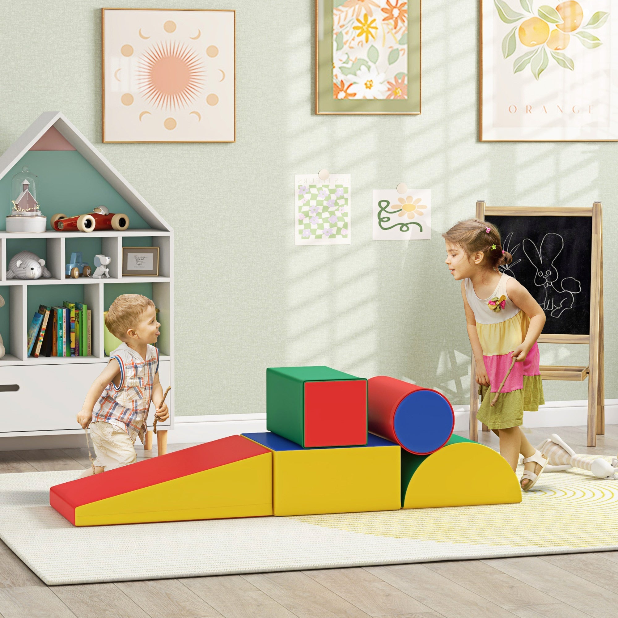HOMCOM 5 Piece Soft Safe Foam Playset, Climb and Crawl Activity Toy for Toddlers, Yellow - North Peak Garden Furniture