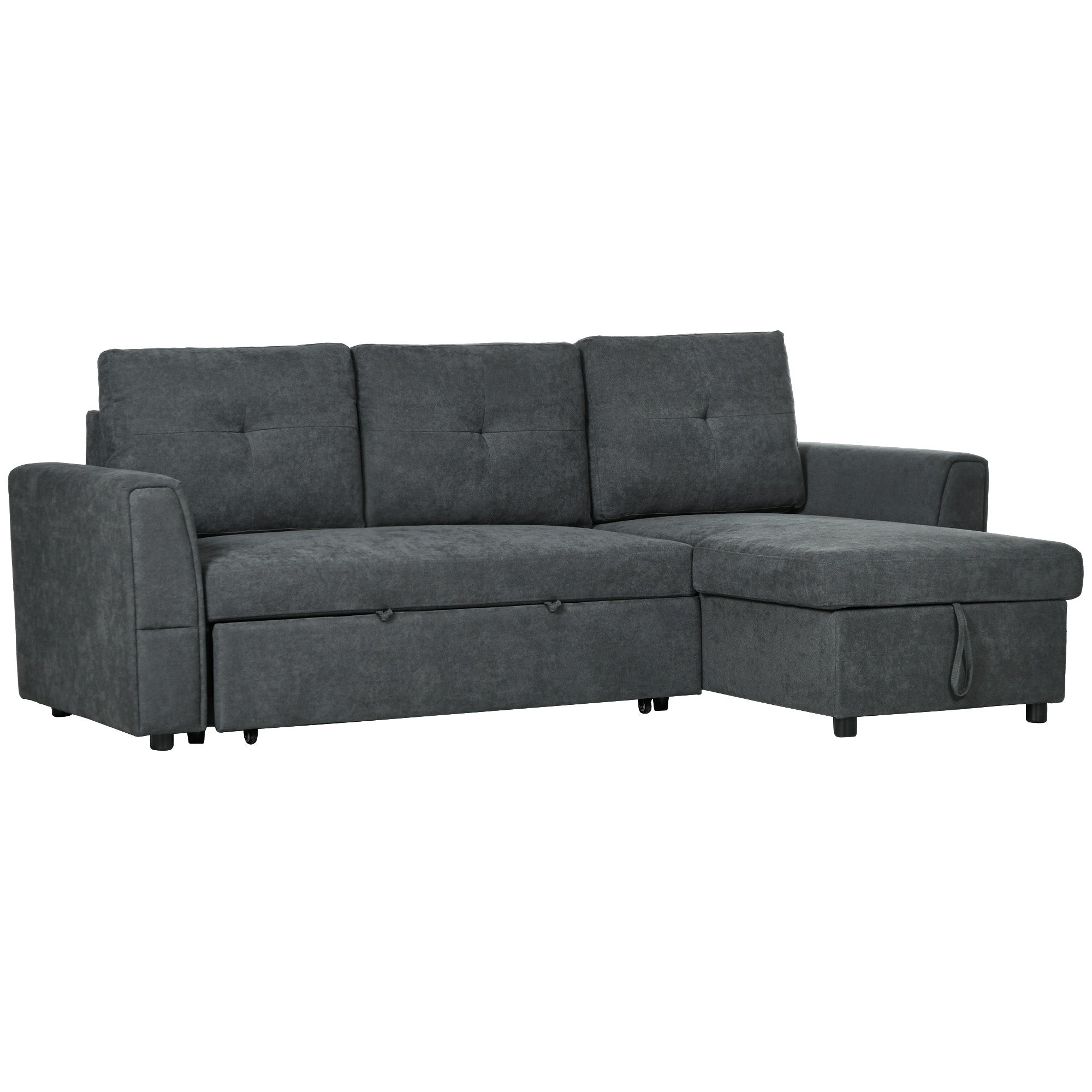 HOMCOM 3 Seater Sofa Bed, L-Shaped Corner Sofa, Pull Out Sofa with Storage, Convertible Click Clack Settee Sectional Sleeper Futon for Living Room, Office, Dark Grey - North Peak Garden Furniture