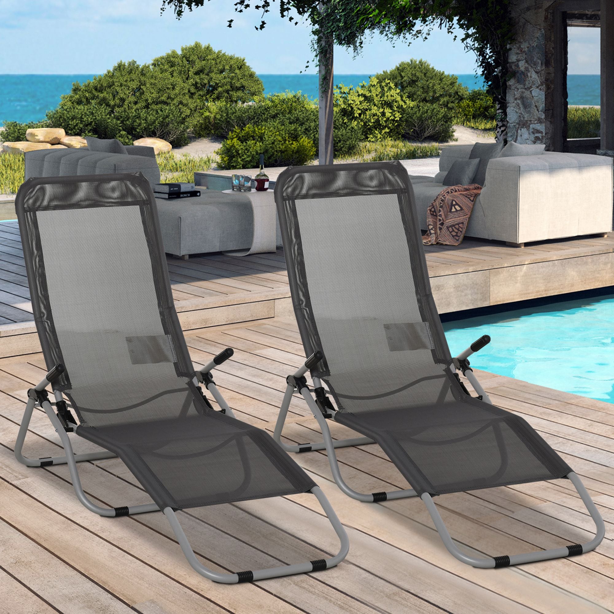 Outsunny Set of 2 Outdoor Patio Chaise Recliner Portable Lounge Chairs w/ Rust-Resistant Steel Frame & Adjustable Backrest, Grey - North Peak Garden Furniture