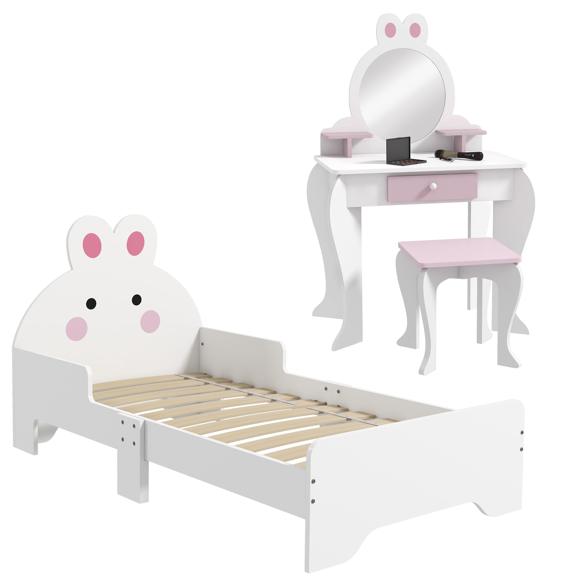ZONEKIZ Wooden Kids Bedroom Furniture Set with Kids Dressing Table, Stool, Bed, for 3-6 Years, Bunny-Design - North Peak Garden Furniture