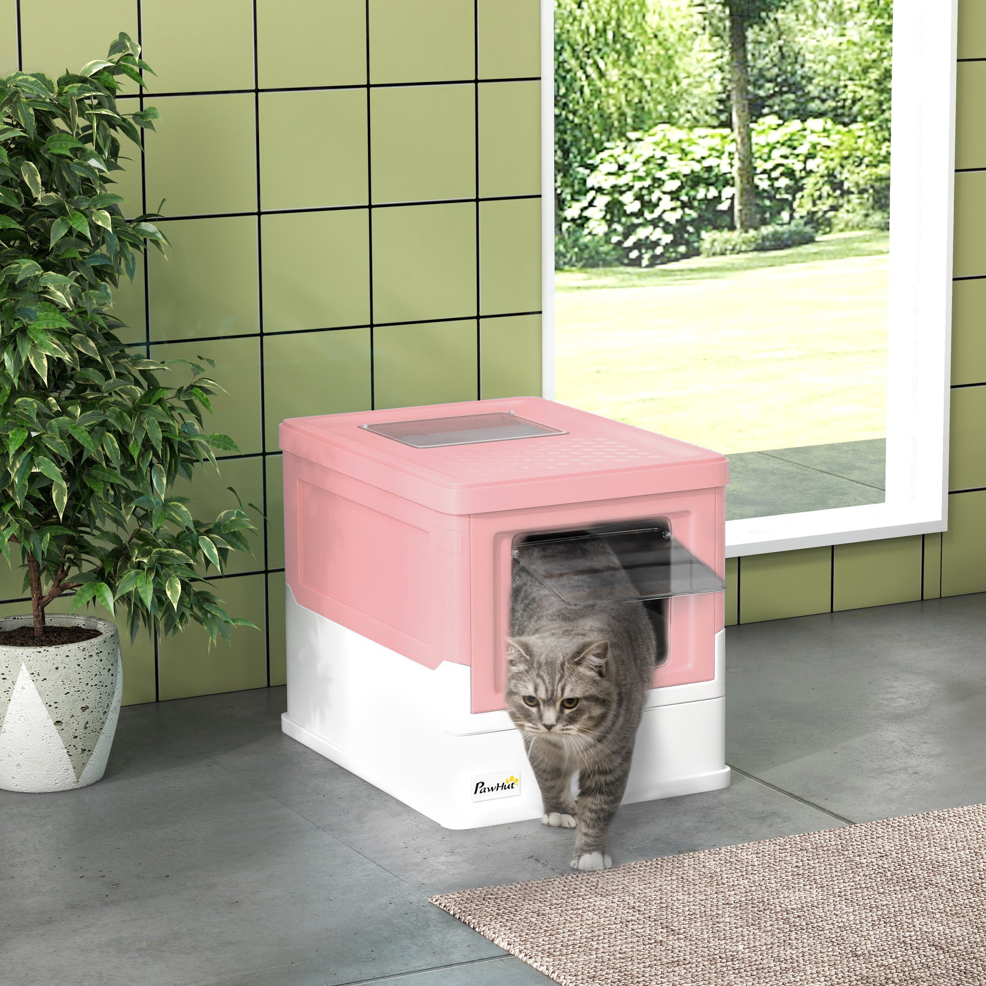 PawHut Hooded Cat Litter Box, Portable Pet Toilet, with Scoop, Front Entry - Pink - North Peak Garden Furniture