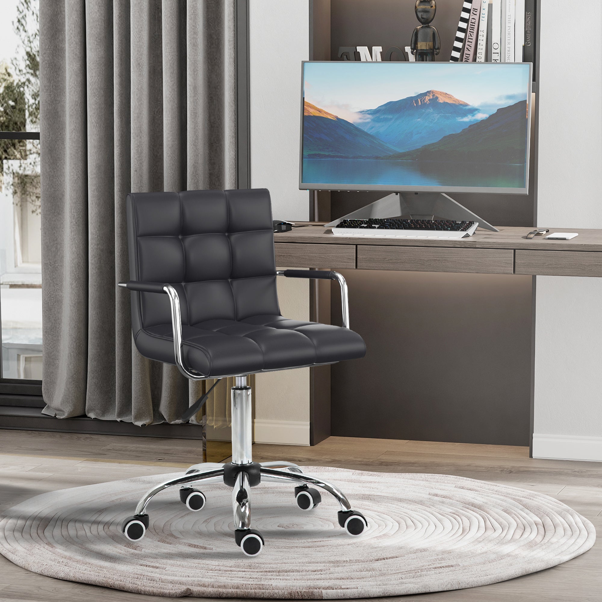 Vinsetto Office Chair, Makeup Vanity Chair, Mid Back Computer Chair, PU Leather Swivel Study Chair with Adjustable Height, Armrest and Rolling Wheels, Black - North Peak Garden Furniture