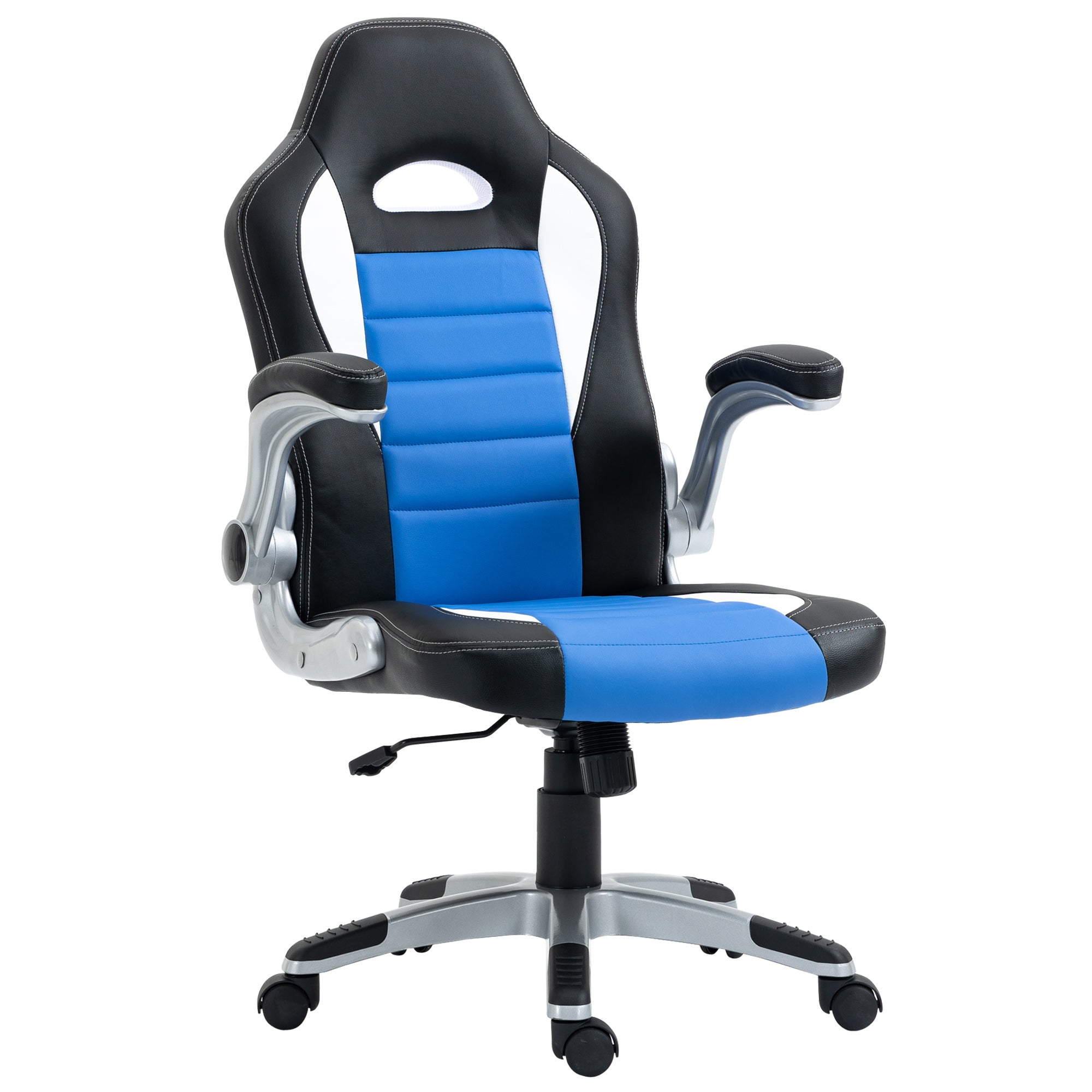 HOMCOM Computer Gaming Chair, Office Desk Swivel Chair, PU Leather Racing Chair with 90° Flip-up Armrest, Adjustable Height and Rolling Wheels, Blue - North Peak Garden Furniture