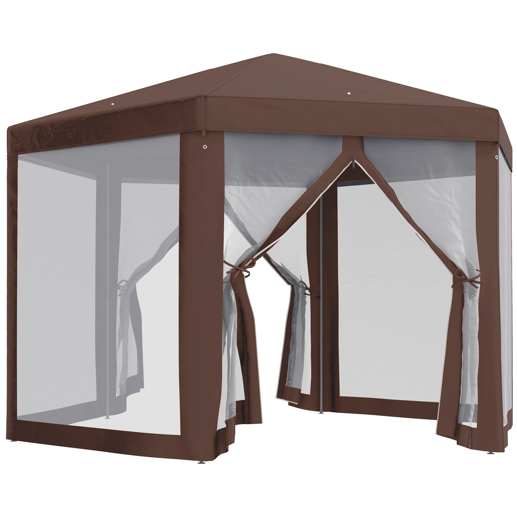 Outsunny Hexagonal Garden Gazebo Patio Party Outdoor Canopy Tent Sun Shelter with Mosquito Netting and Zipped Door, Brown - North Peak Garden Furniture