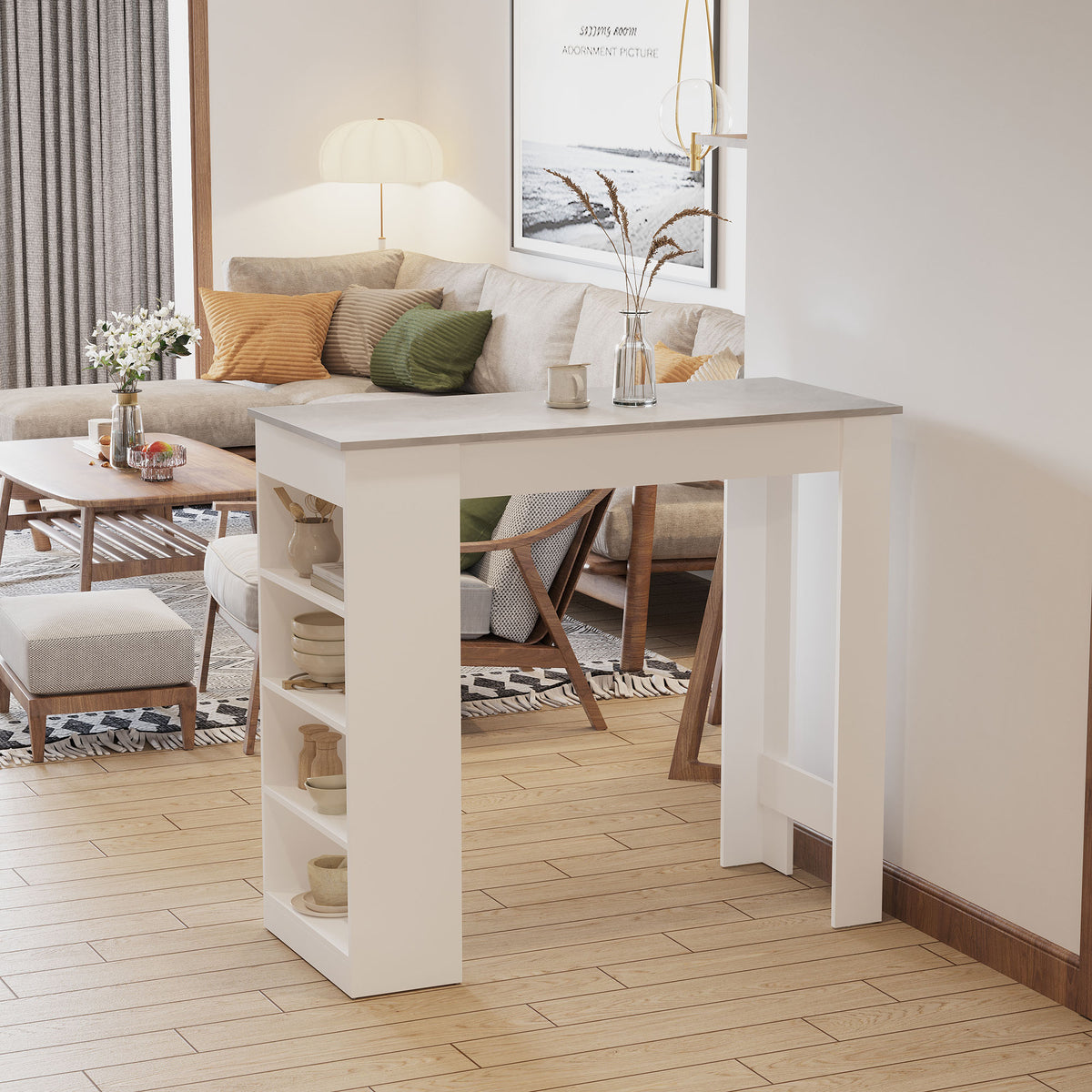 HOMCOM Bar Table Coffee Table Kitchen Dining Table with 4-Tier Storage Shelf for Kitchen, Dining Room, Living Room, Grey