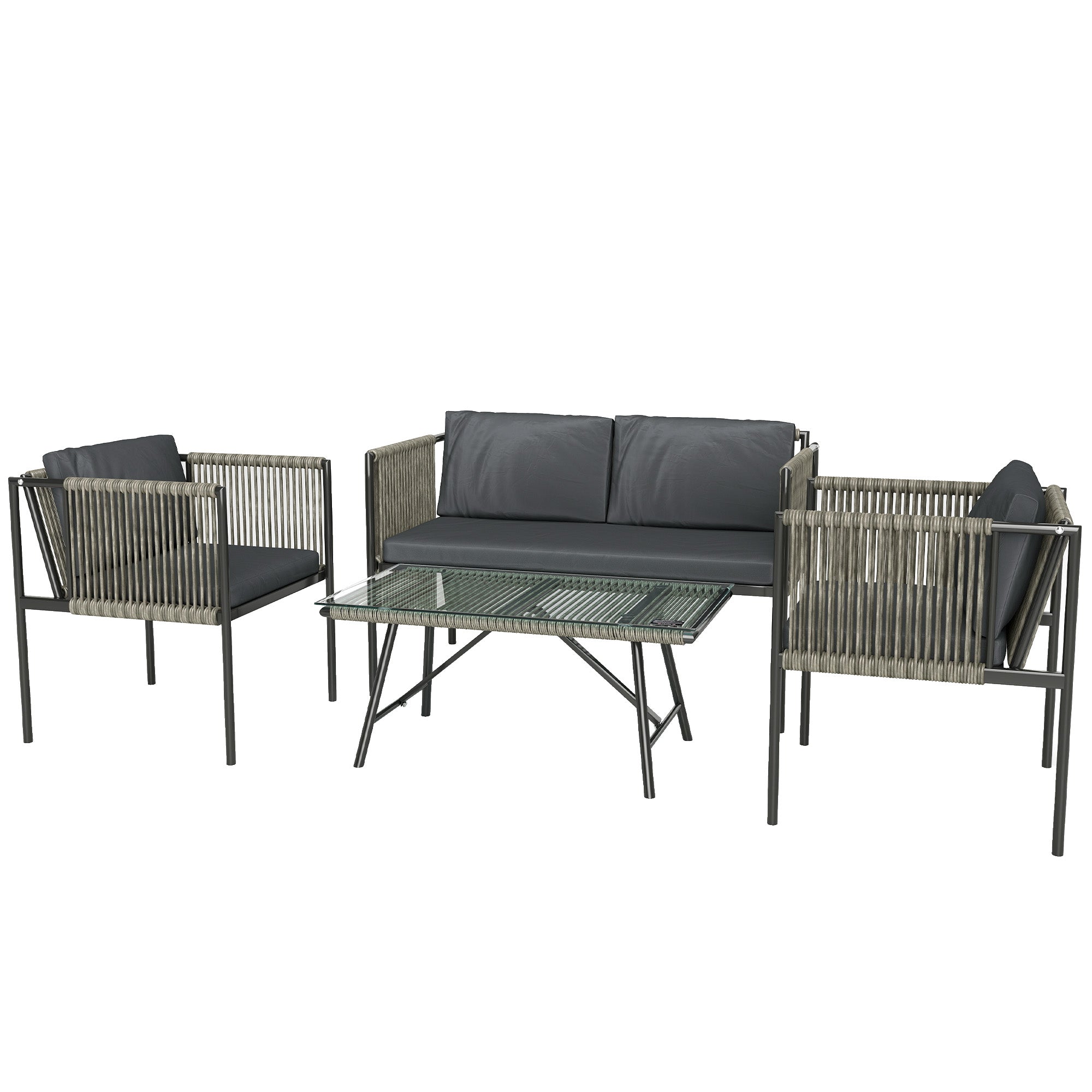 Outsunny 4 Piece Rattan Garden Furniture Set, 4 Seater Wicker Outdoor Furniture Set with 2 Armchairs, Loveseat, Glass Top Coffee Table and Cushions for Balcony, Porch, Grey - North Peak Garden Furniture