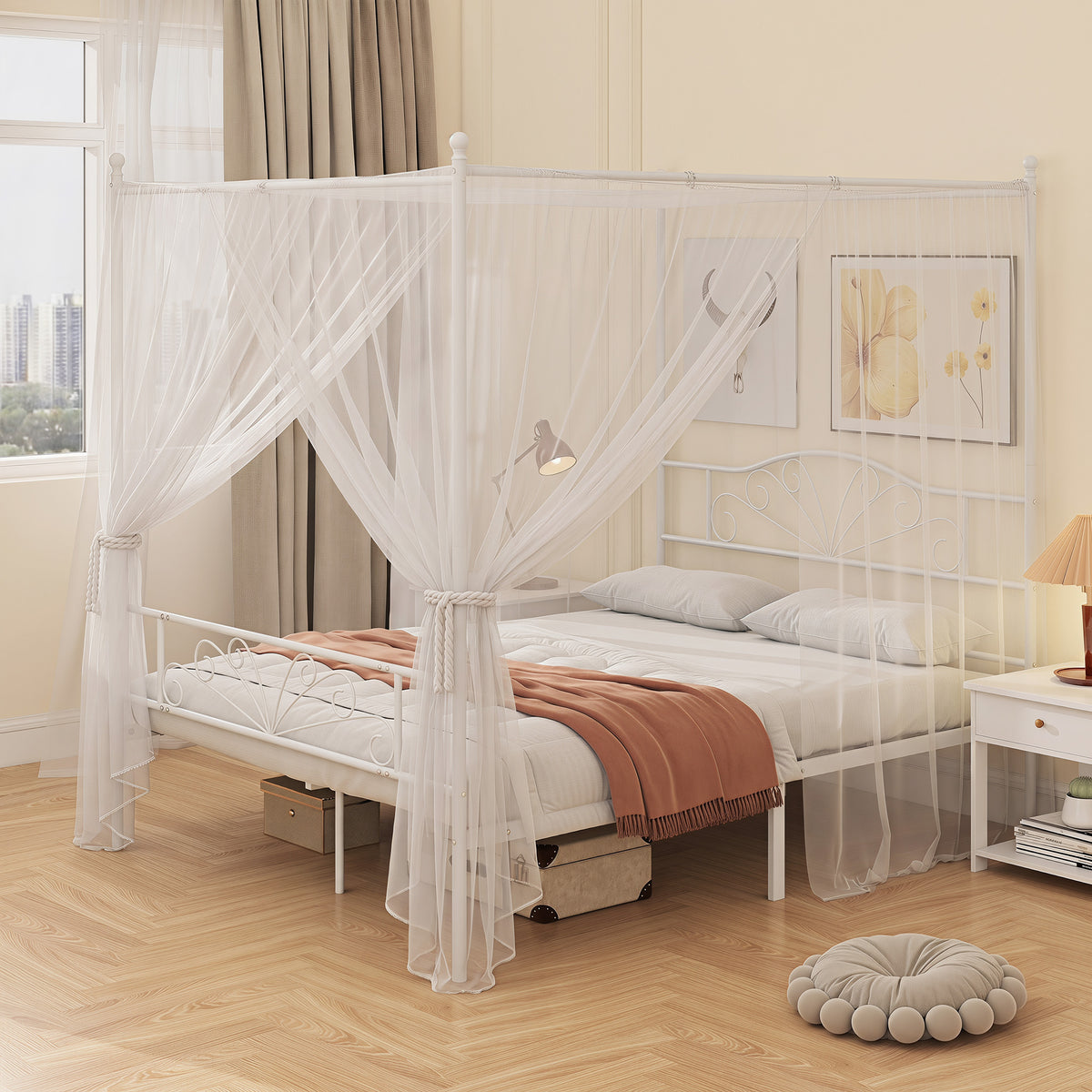 HOMCOM Canopy Bed Frame King Size, Metal Platform Bed Frame with Headboard and Footboard, Underbed Storage, White