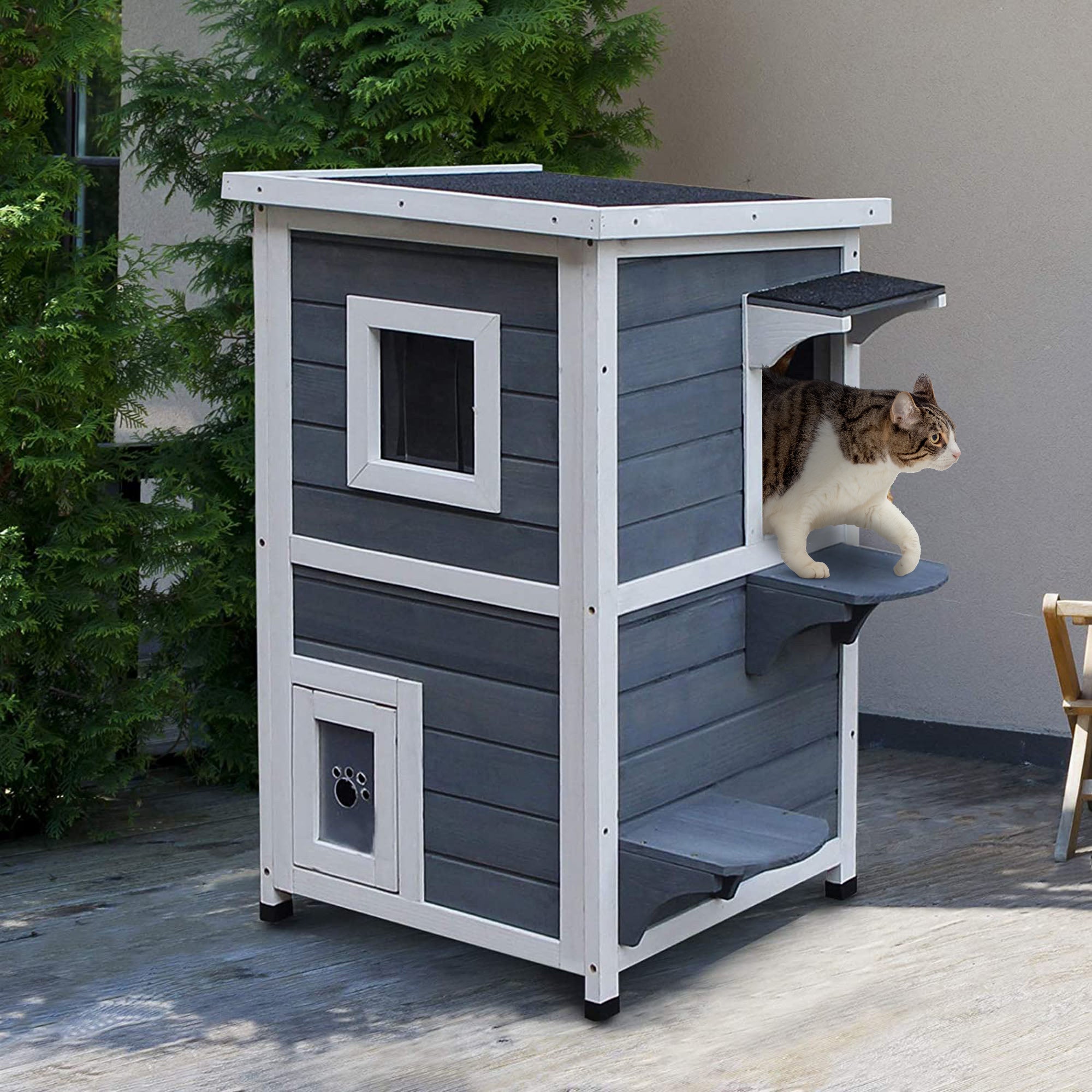 PawHut Wooden Cat House 2-Floor Outdoor Kitten Shelter with Window Grey - North Peak Garden Furniture