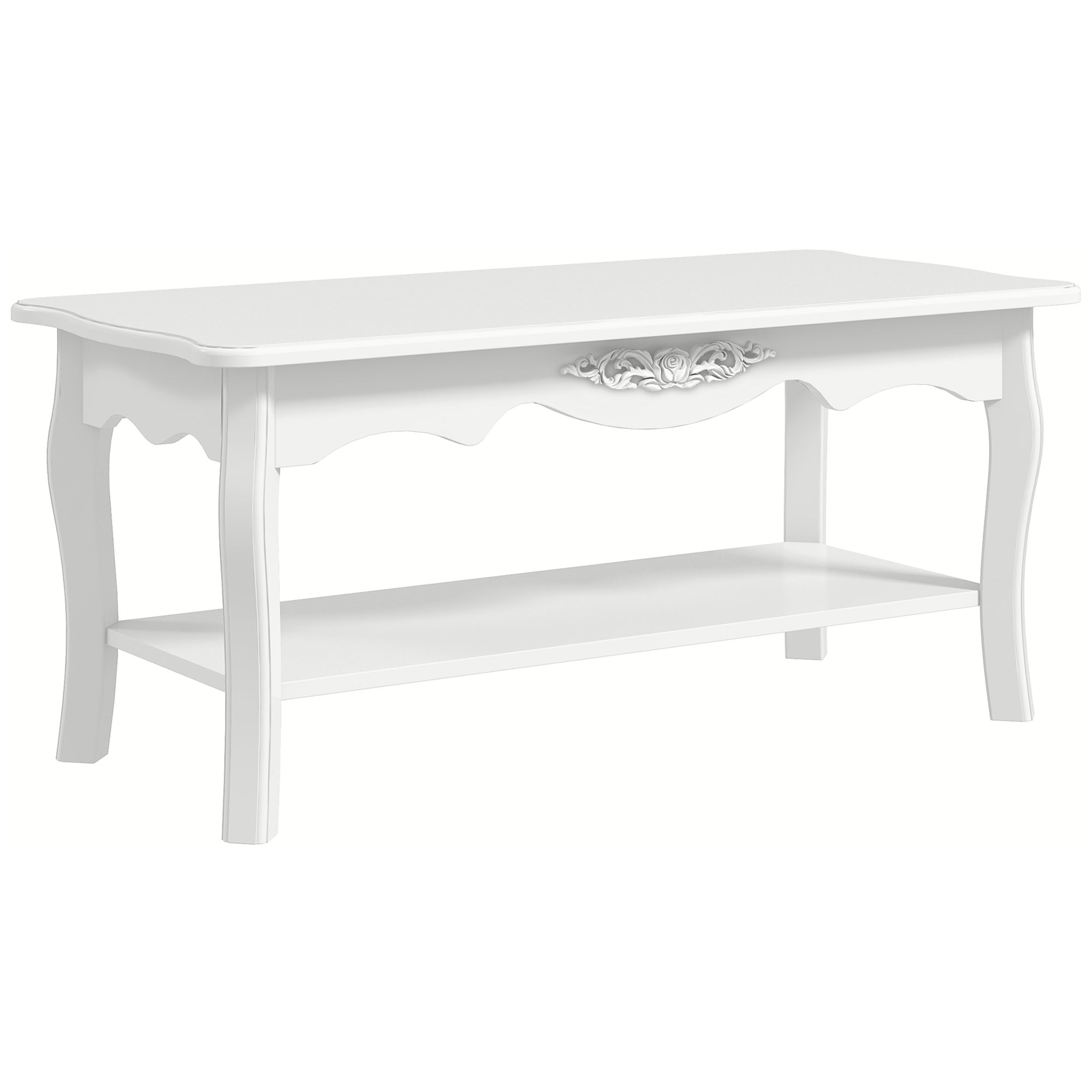 HOMCOM White Coffee Table Wood Cocktail Tea Centre Table with Storage Shelf for Living Room Reception Room, 94L x 44W x 42H cm - North Peak Garden Furniture