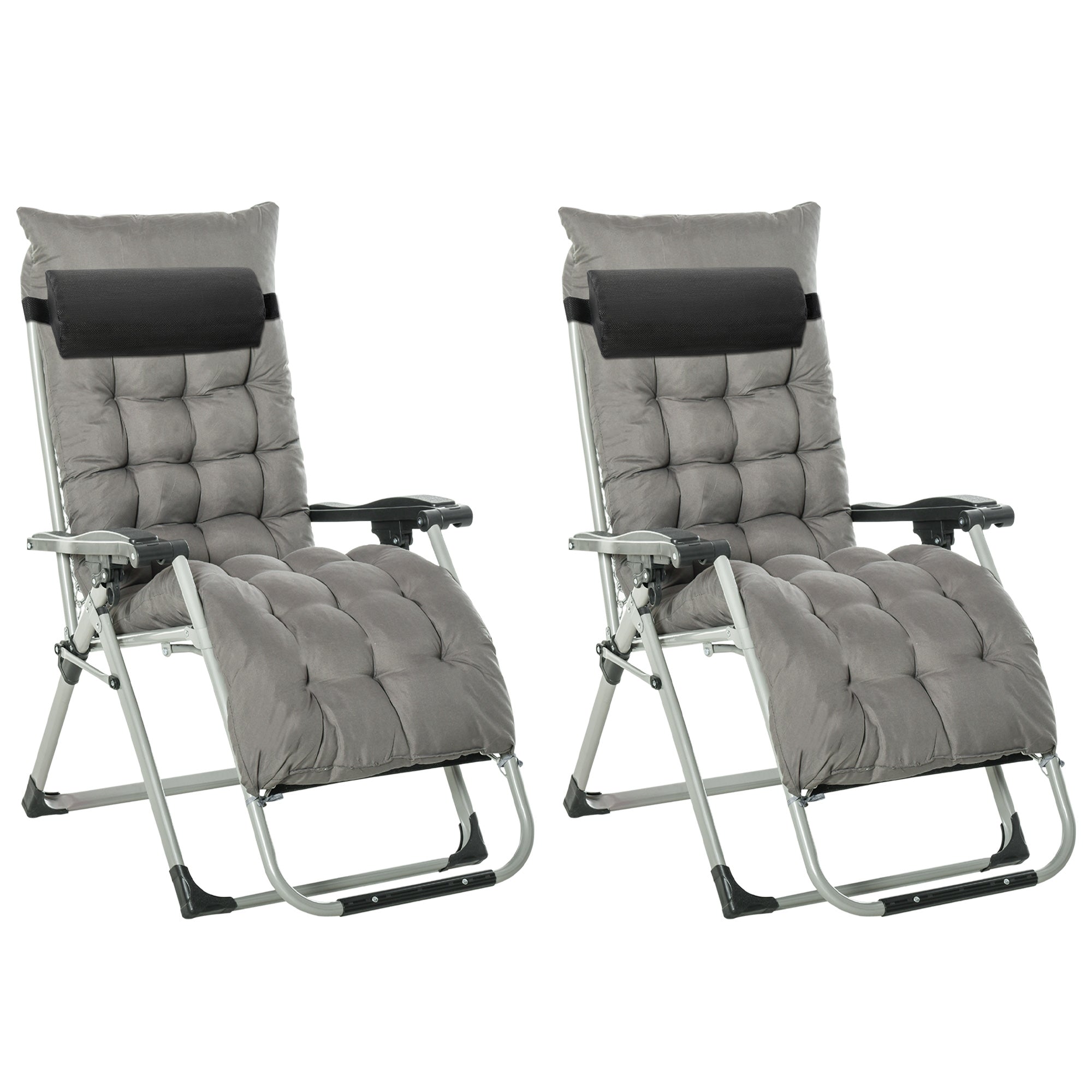 Outsunny 2 Piece Reclining Zero Gravity Chair Metal Frame Folding Garden Sun Lounger with Cushion Headrest, Dark Grey