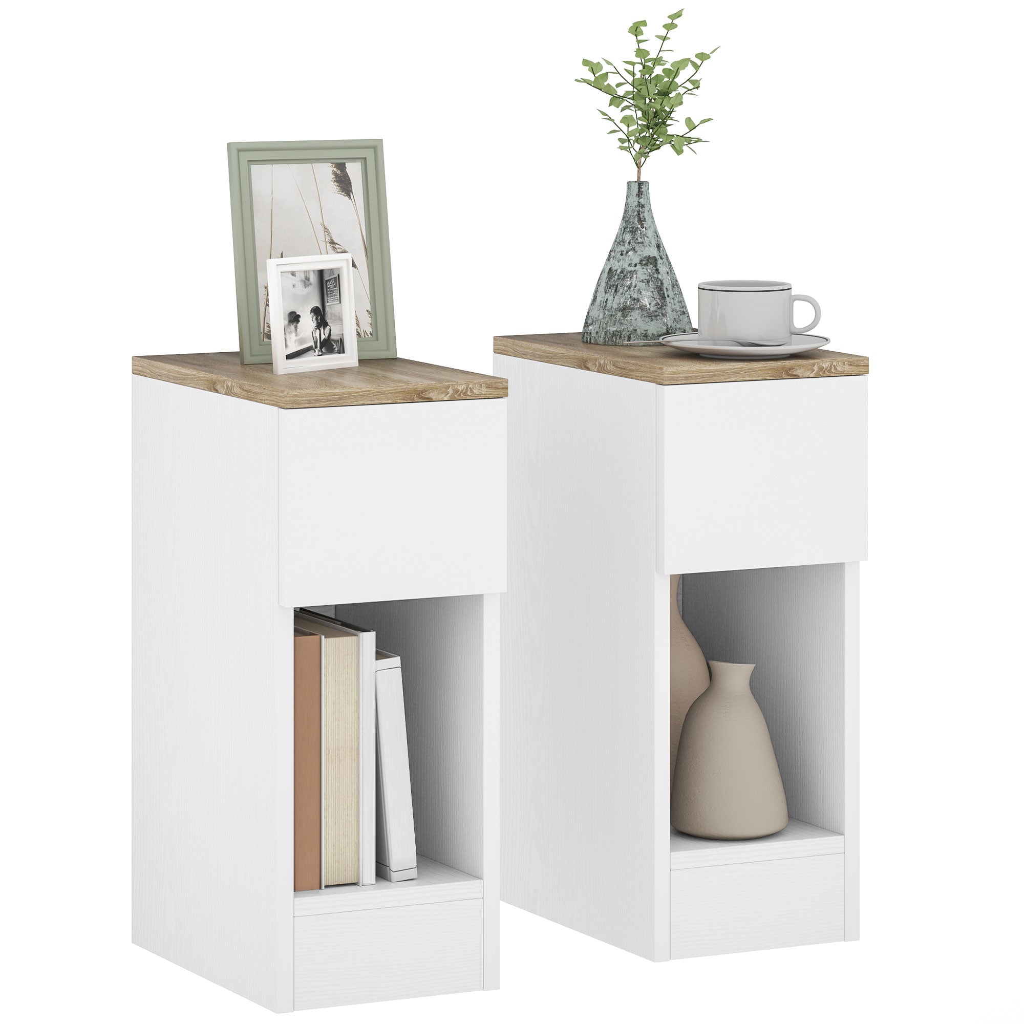 HOMCOM Set of Two Modern Storage Bedside Tables - White - North Peak Garden Furniture