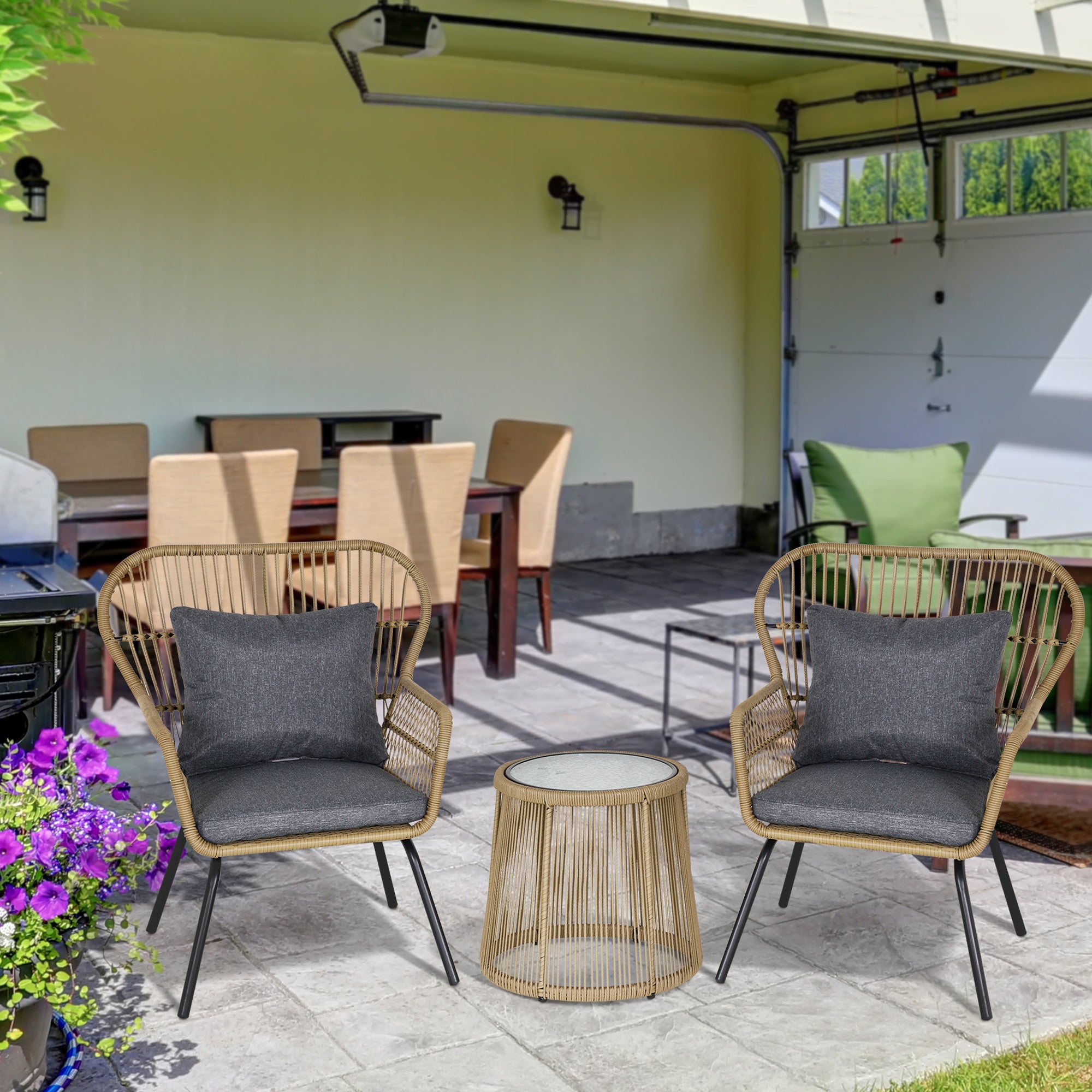 Outsunny 3 Pieces Rattan Bistro Set, Wicker Garden Furniture Set with Cushions, Glass Top Coffee Table and Chairs for Outdoor, Patio, Balcony, Brown - North Peak Garden Furniture