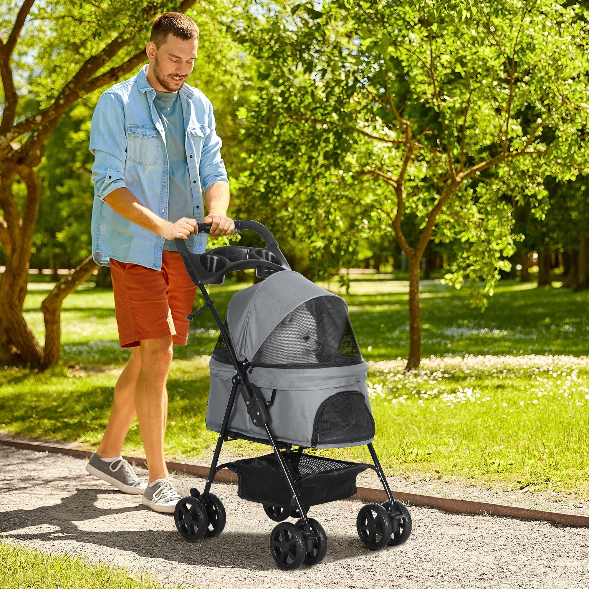 PawHut Dog Pram Dog Stroller Foldable Pet Pushchair with 4 Wheels, Safety Leashes, Cup Holder for Small Dogs, Grey - North Peak Garden Furniture