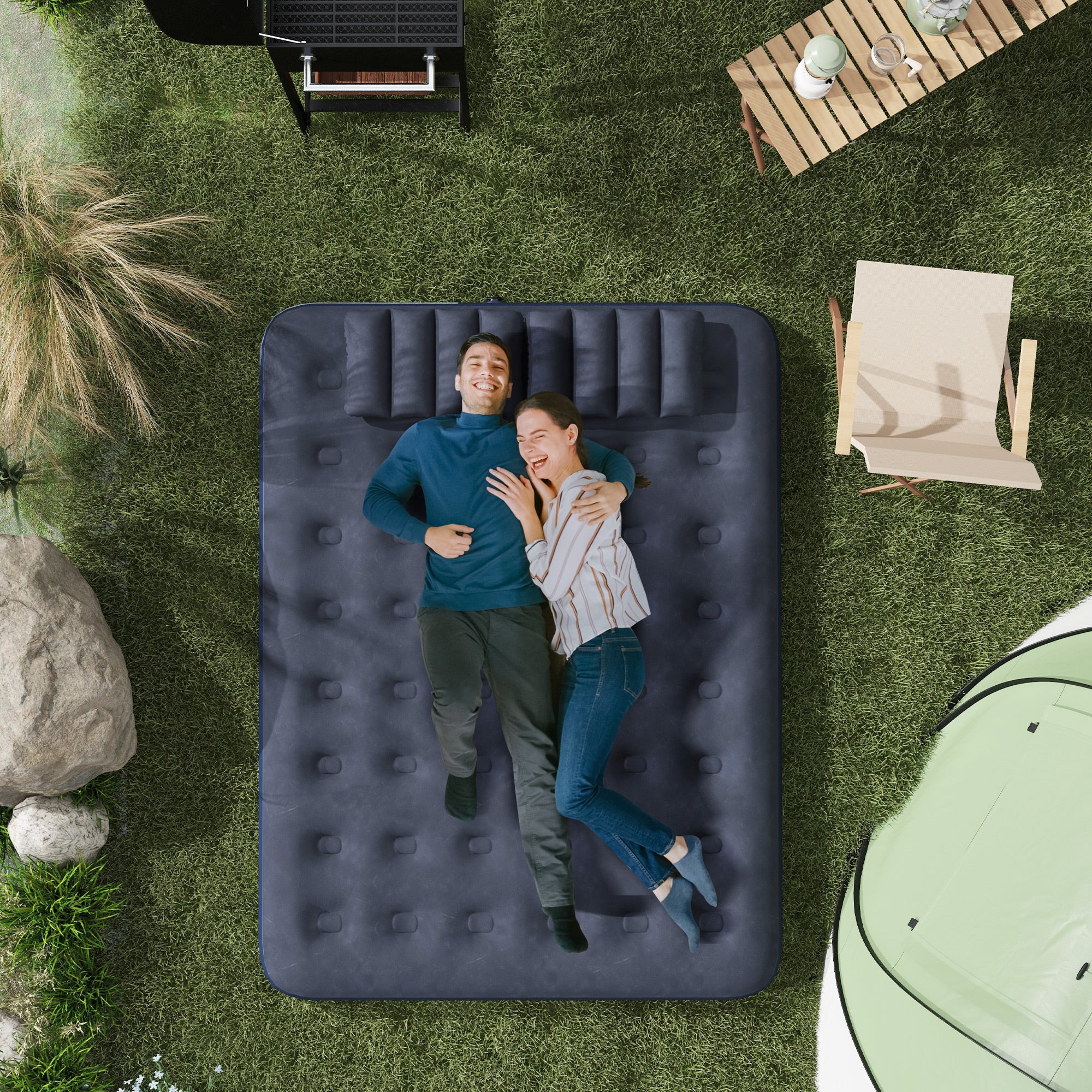 Outsunny Inflatable King Size Air Bed, with Built-In Hand Pump - Blue - North Peak Garden Furniture