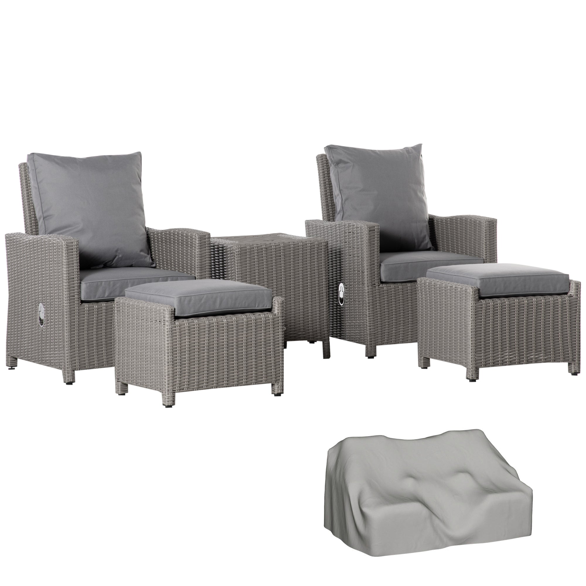 Outsunny 5 Pieces Outdoor PE Rattan Garden Furniture with Cushions, Patio Lounge Adjustable Backrest Chairs, Footstools and Cooler Bar Coffee Table & Cover, Grey - North Peak Garden Furniture