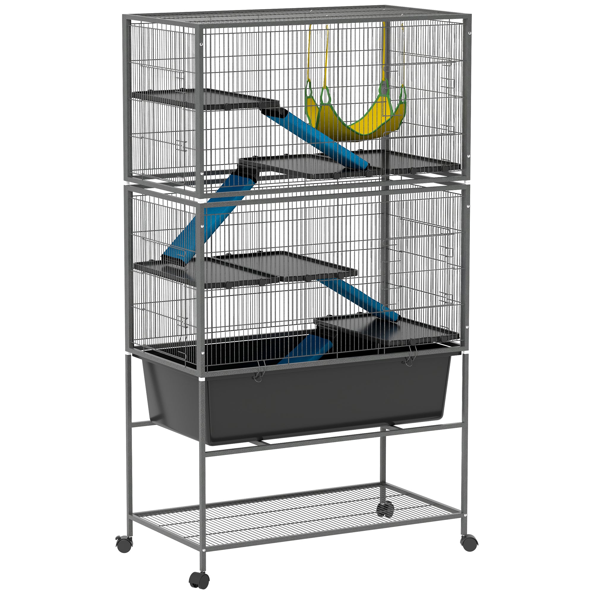 PawHut 5 Levels Rolling Small Animal Cage with Non Slip Ramps, Slide Out 16cm Deep Tray, 88 x 48 x 150.5cm, Dark Grey - North Peak Garden Furniture