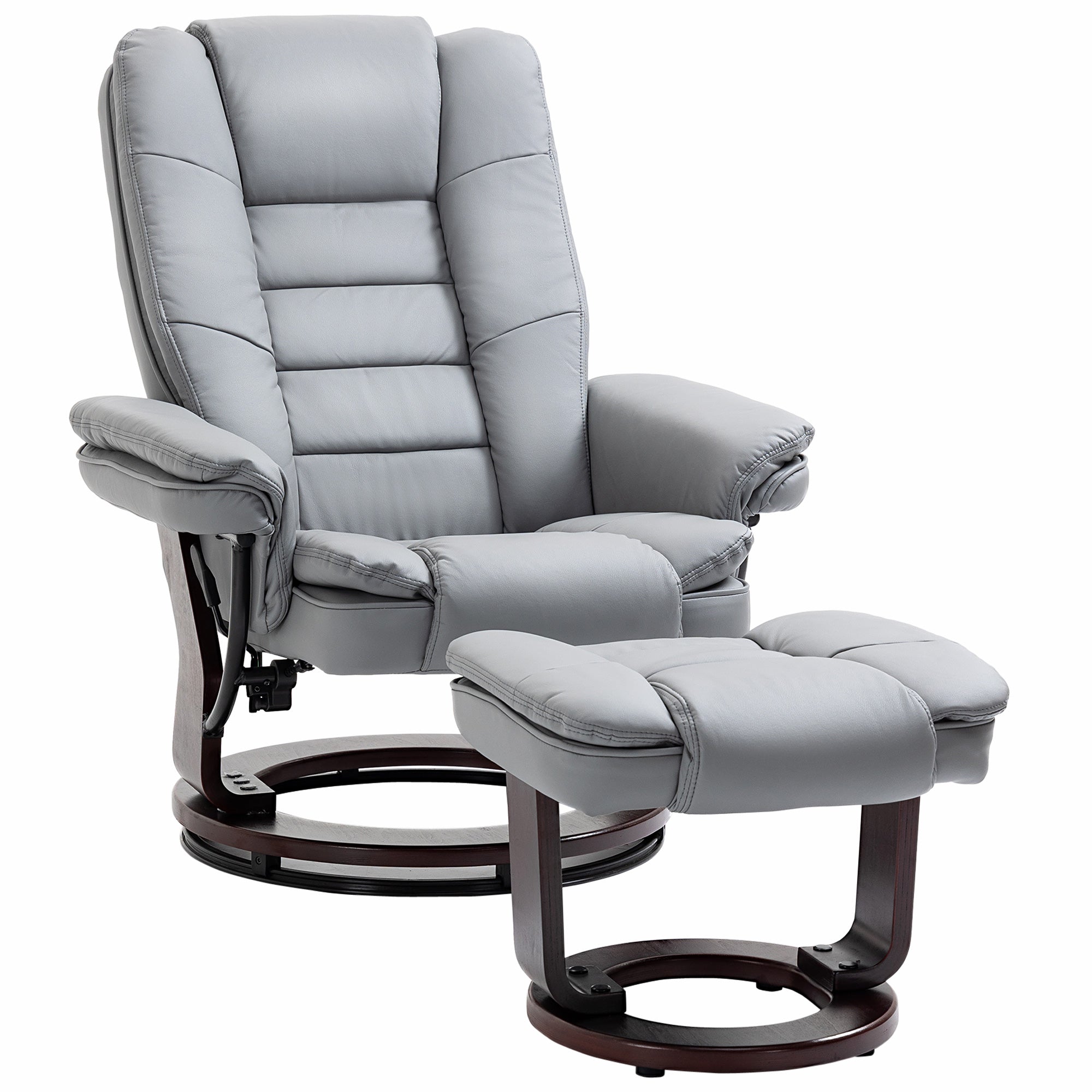 HOMCOM Manual Recliner and Footrest Set PU Leather Leisure Lounge Chair Armchair with Swivel Wood Base, Grey - North Peak Garden Furniture
