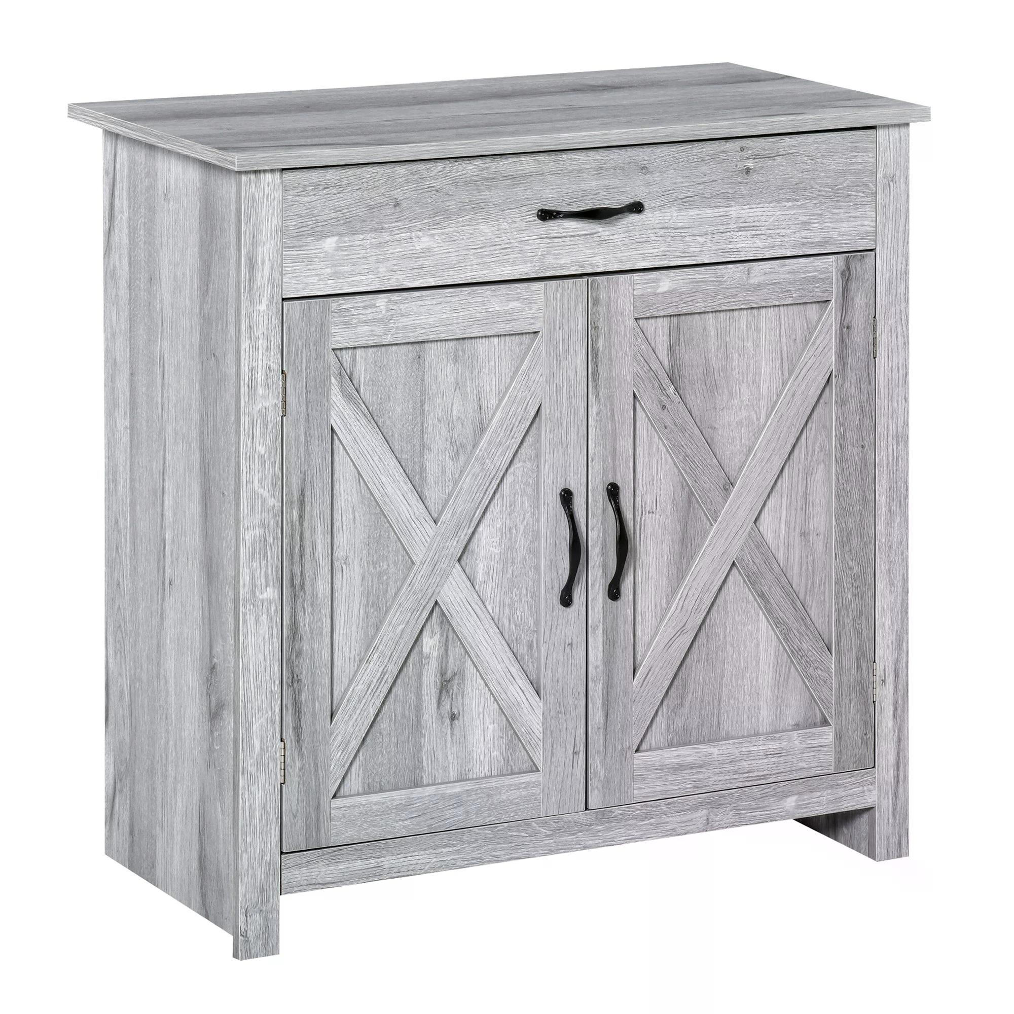 HOMCOM Farmhouse Barn Door Sideboard Storage Cabinet Coffee Bar for LIVING Room – Grey Grain - North Peak Garden Furniture
