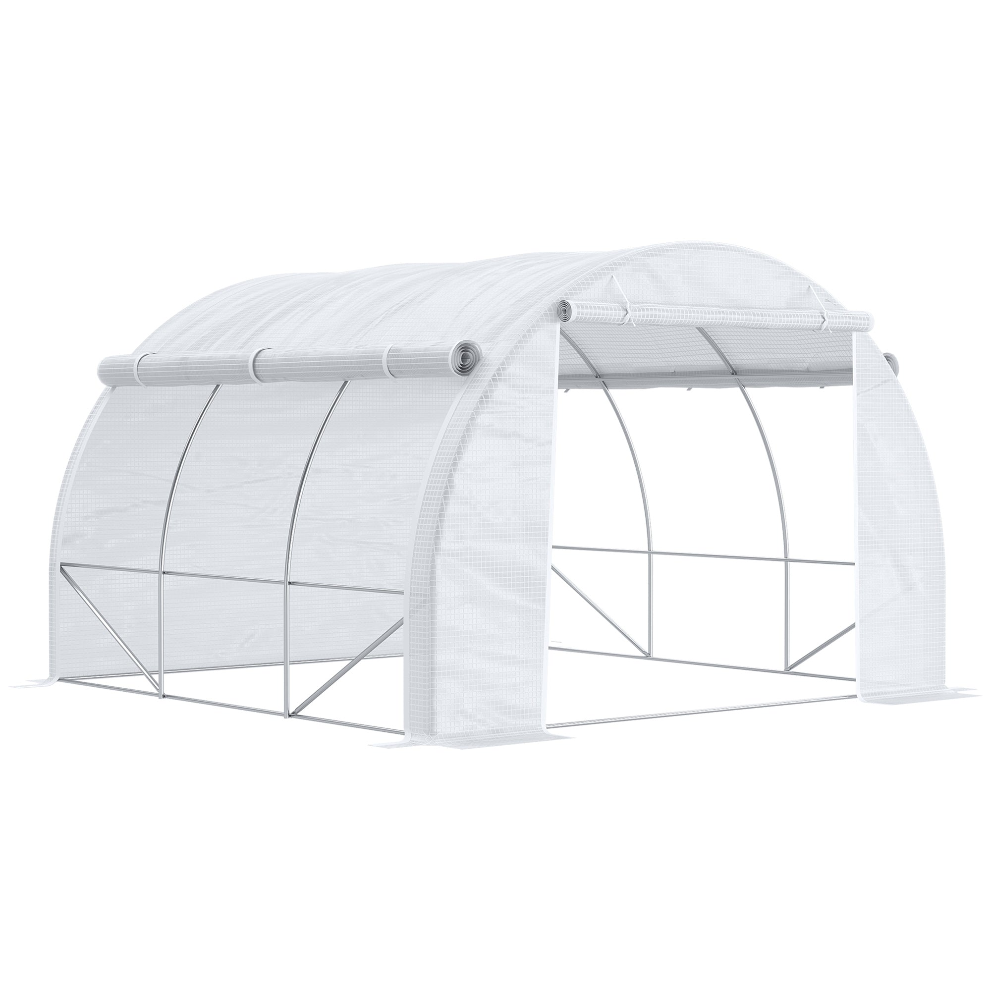 Outsunny 3 x 3 x 2 m Polytunnel Greenhouse with Roll-up Side Walls, Walk-in Grow House Tent with Steel Frame, Reinforced Cover, Zipped Door and 6 Mesh Windows for Garden, White - North Peak Garden Furniture