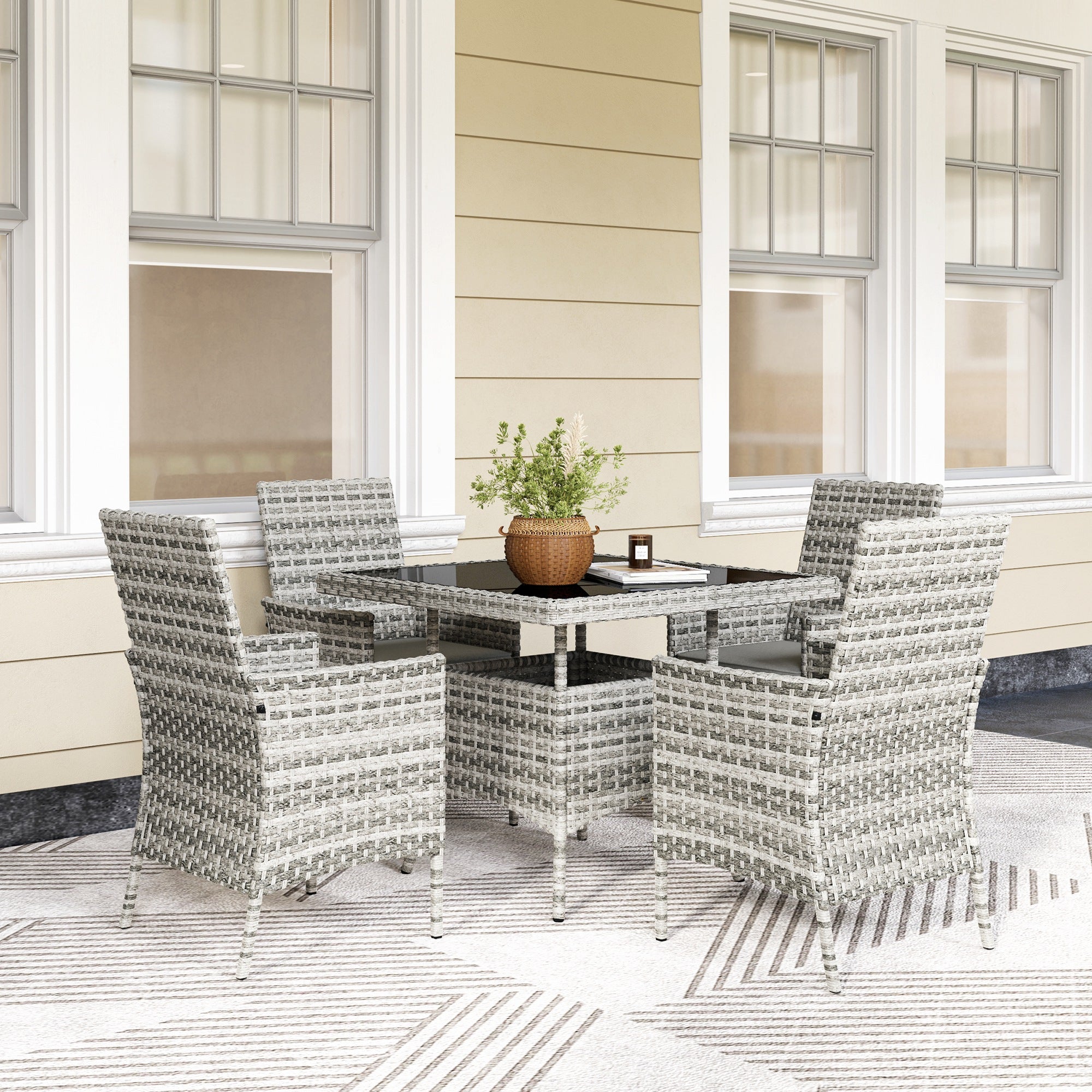 Outsunny Rattan Garden Furniture Set, Outdoor Dining Table and Chairs 4 Seater with Cushions, Square Tempered Glass Top, 4 Armchairs, for Balcony, Terrace, Conservatory, Mixed-Grey - North Peak Garden Furniture