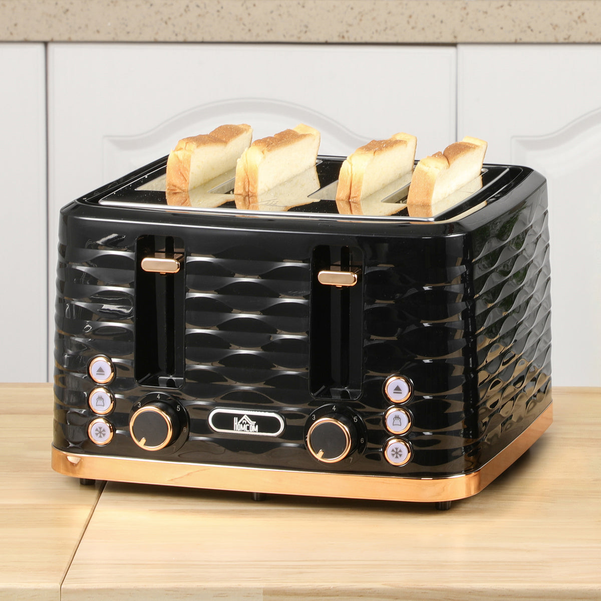 HOMCOM 4 Slice Toaster with 7 Browning Levels, High Lift, Reheat/Defrost/Cancel, Self-centring Function, Removable Crumb Tray, Auto Off, 1600W, Black Water Ripple Texture