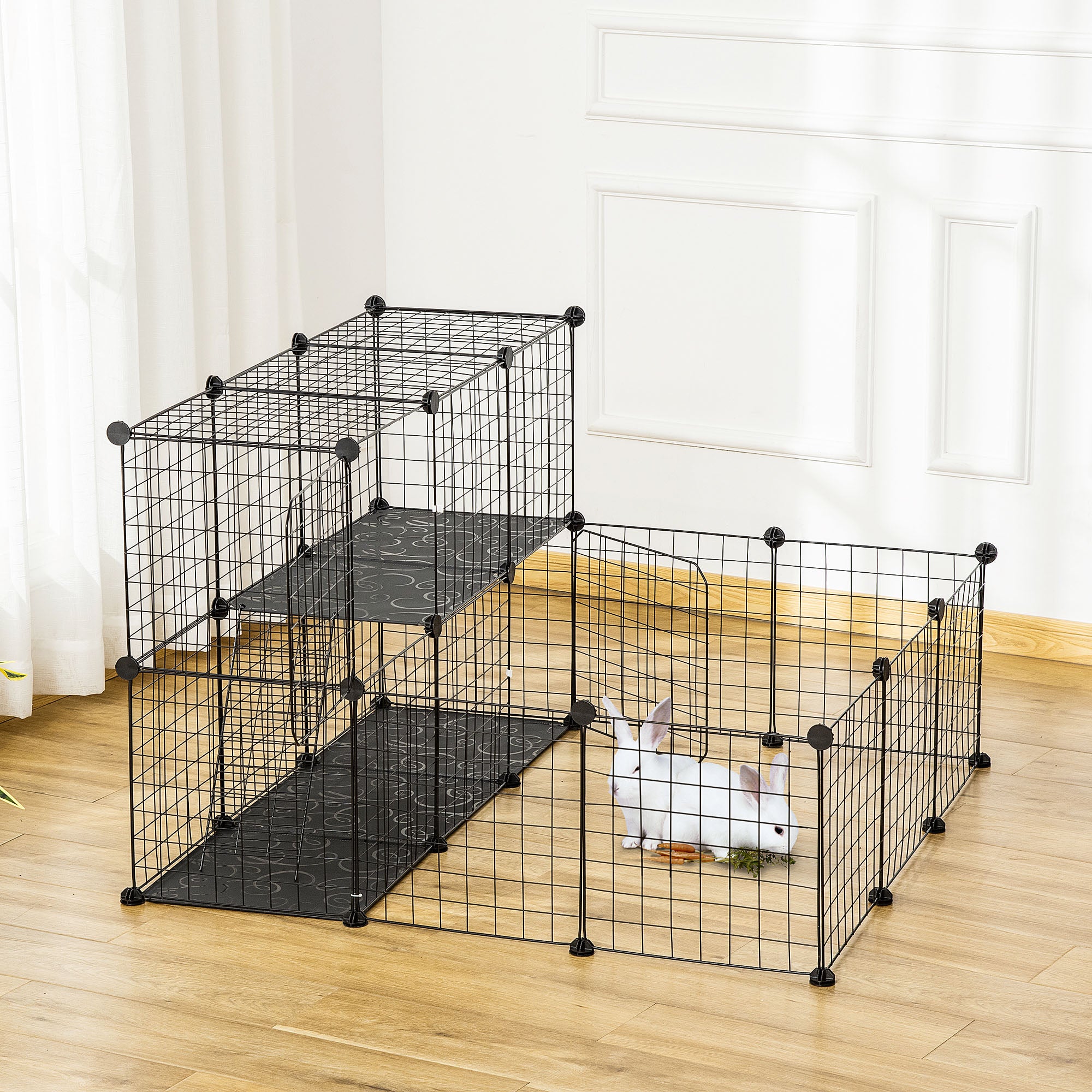 PawHut Pet Playpen w/ Door Customisable Fence for Guinea Pigs Chinchillas Hedgehogs - Black - North Peak Garden Furniture