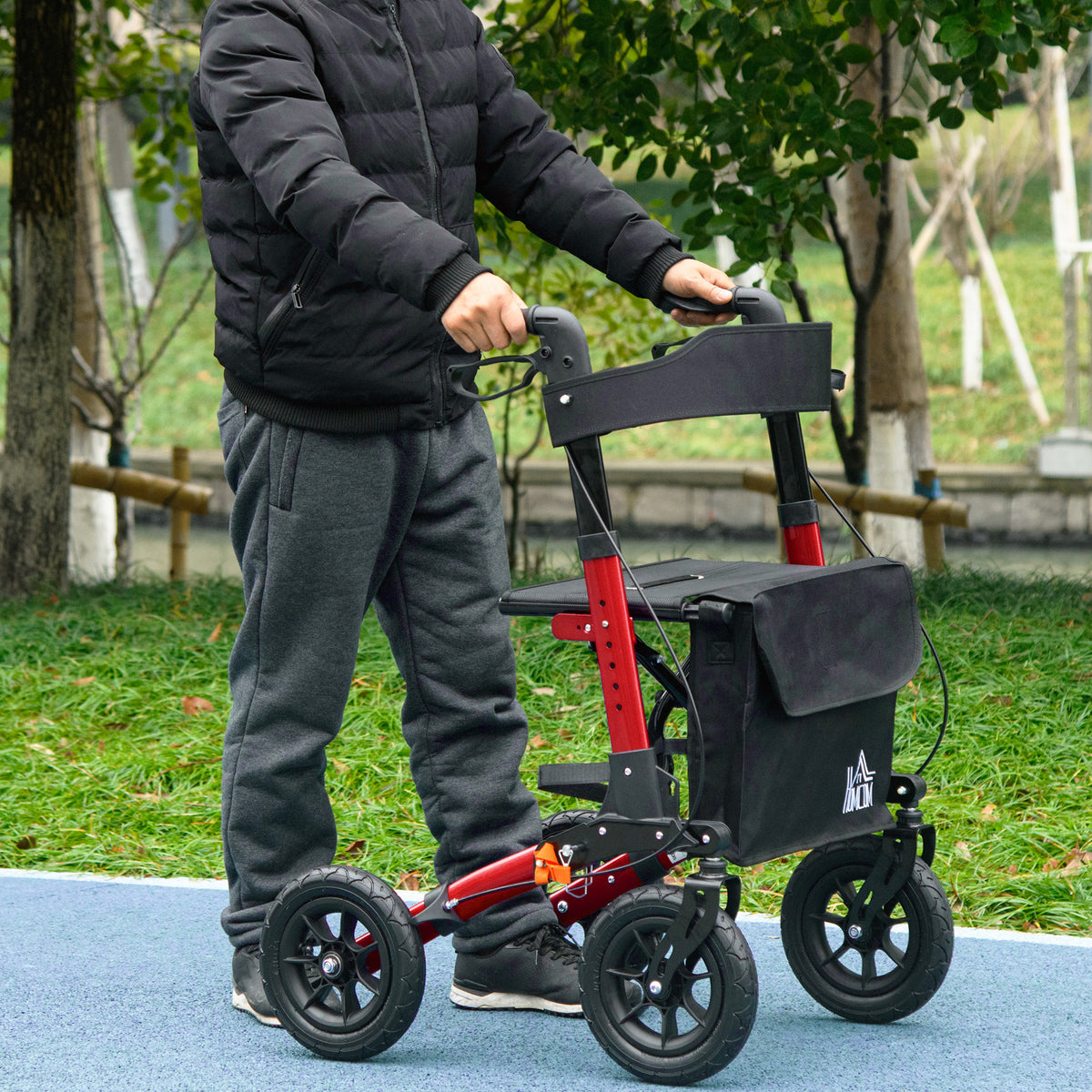 HOMCOM Lightweight Walking Frame, Rubber Wheels, Rollator Walker with Seat and Wheels with Adjustable Handle, Bag, Red