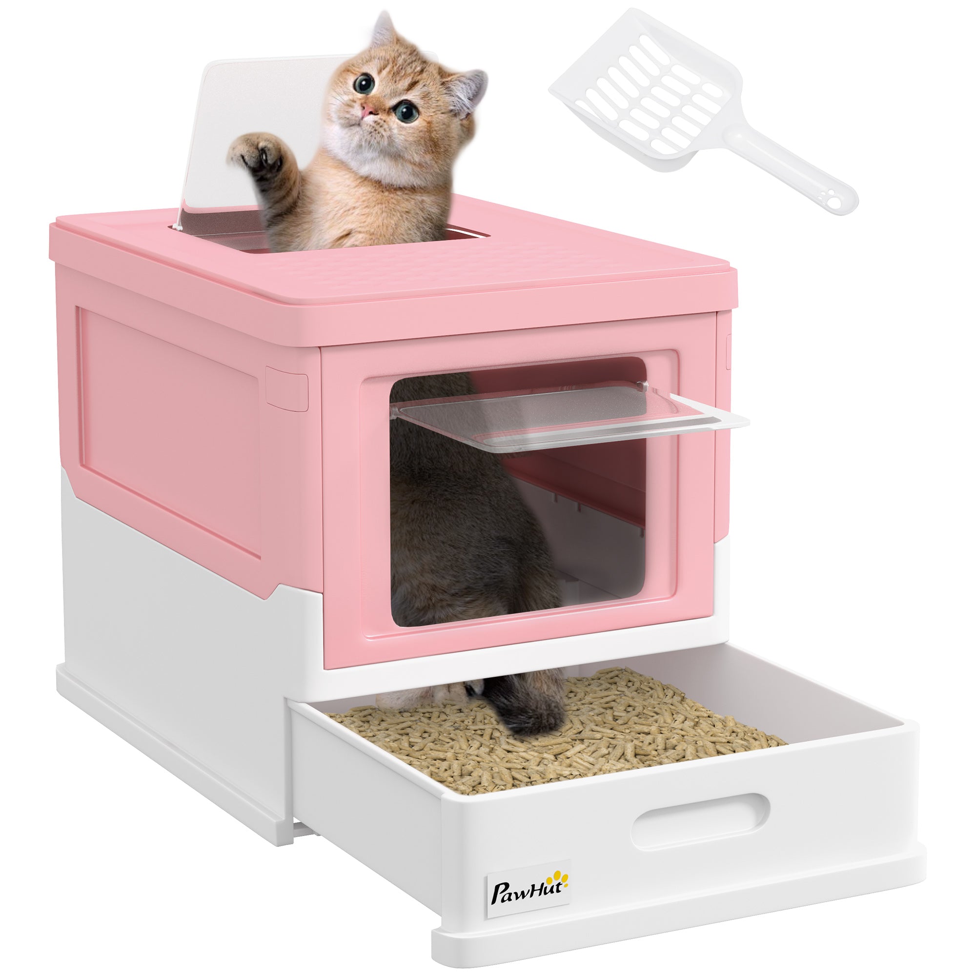 PawHut Hooded Cat Litter Box, Portable Pet Toilet, with Scoop, Front Entry - Pink - North Peak Garden Furniture