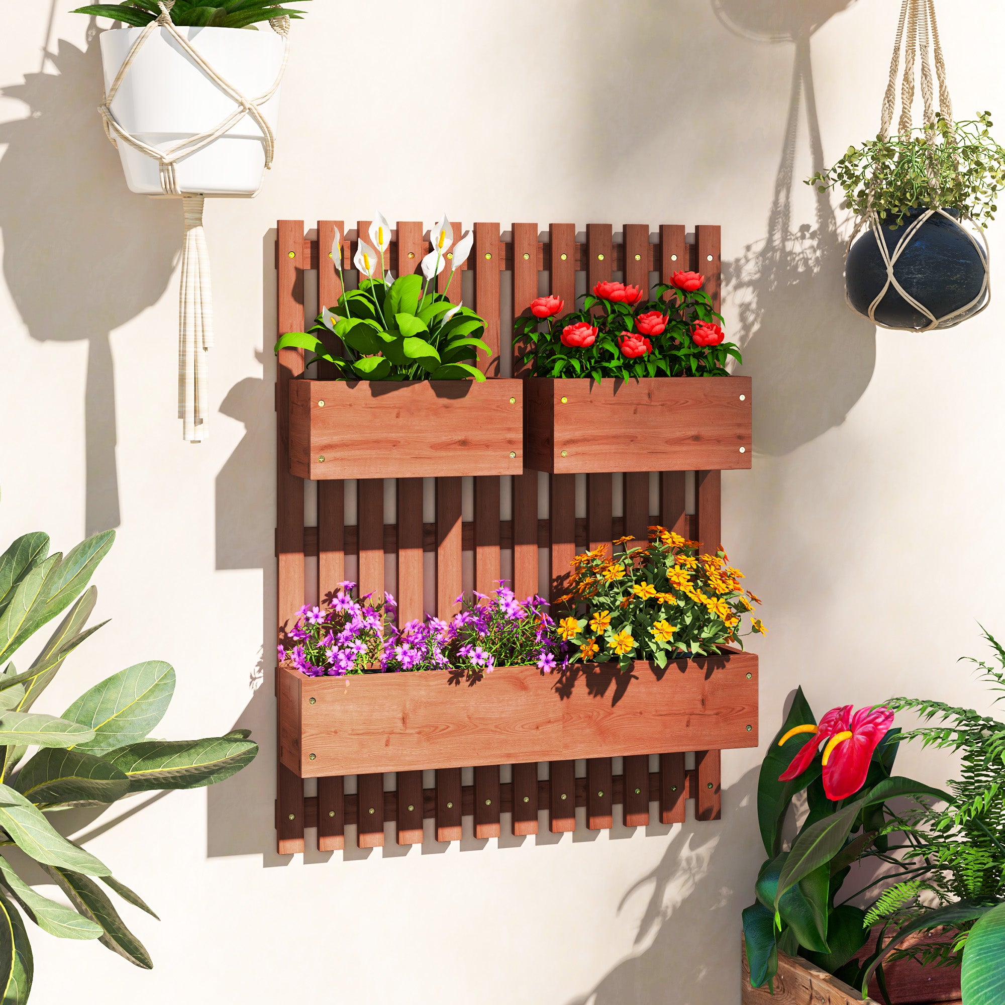 Outsunny Wall-mounted Wooden Garden Planters with Trellis, Drainage Holes and 3 Planter Boxes for Patio, Brown - North Peak Garden Furniture