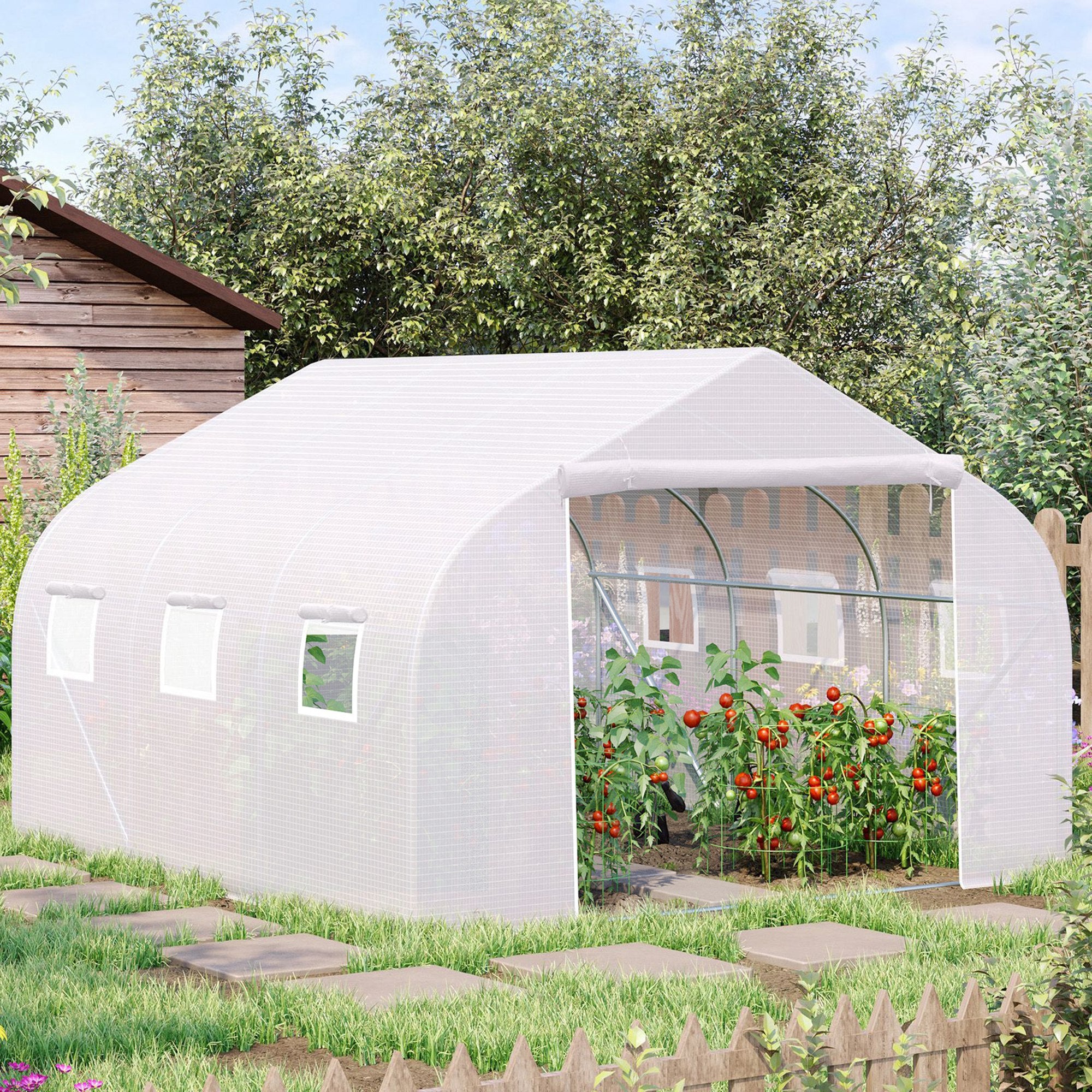 Outsunny Walk-In Polytunnel Greenhouse Warm House Garden Tunnel Shelter Plant Shed with Door and Windows, Galvanised Steel Frame, 3.5 x 3 x 2m, White - North Peak Garden Furniture
