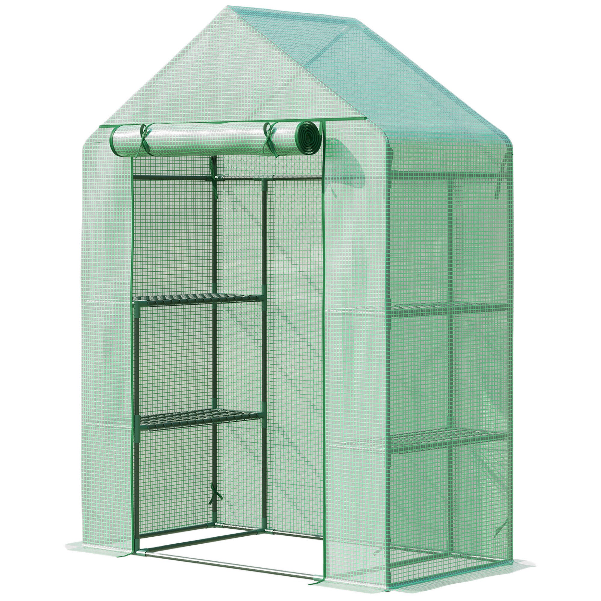 Outsunny Walk In Greenhouse for Outdoor, Portable Gardening Plant Grow House with 2 Tier Shelf, Roll-Up Zippered Door, PE Cover, 141 x 72 x 191cm, Green - North Peak Garden Furniture