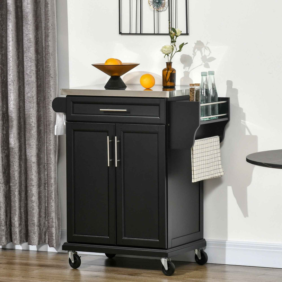 HOMCOM Wooden Kitchen Island on Wheels, Serving Cart Storage Trolley with Stainless Steel Top, Drawer, Side Handle and Rack, Black