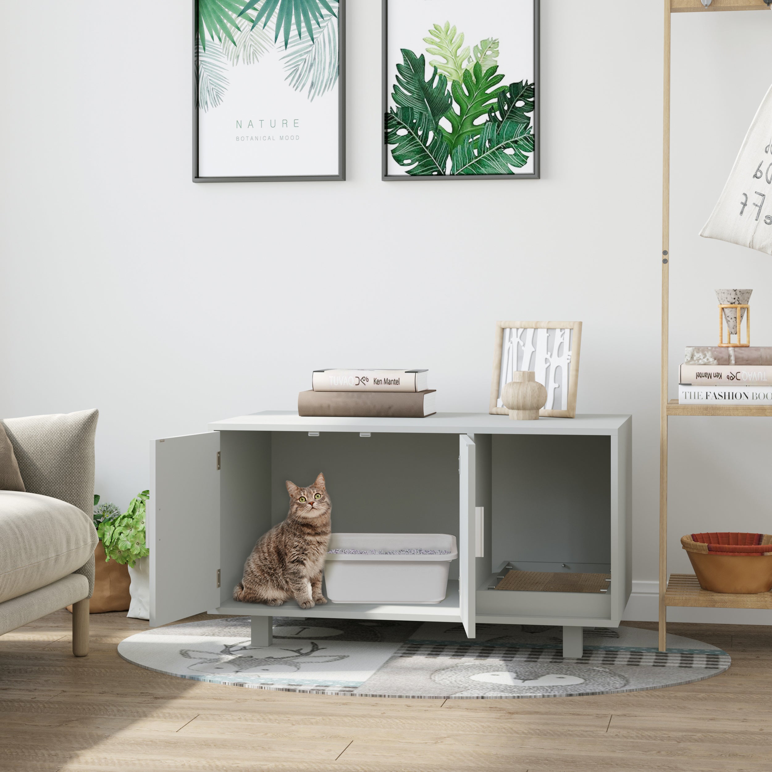 PawHut Wooden Cat Litter Box Enclosure & House with Nightstand/End Table Design, Scratcher, & Magnetic Doors, Grey - North Peak Garden Furniture