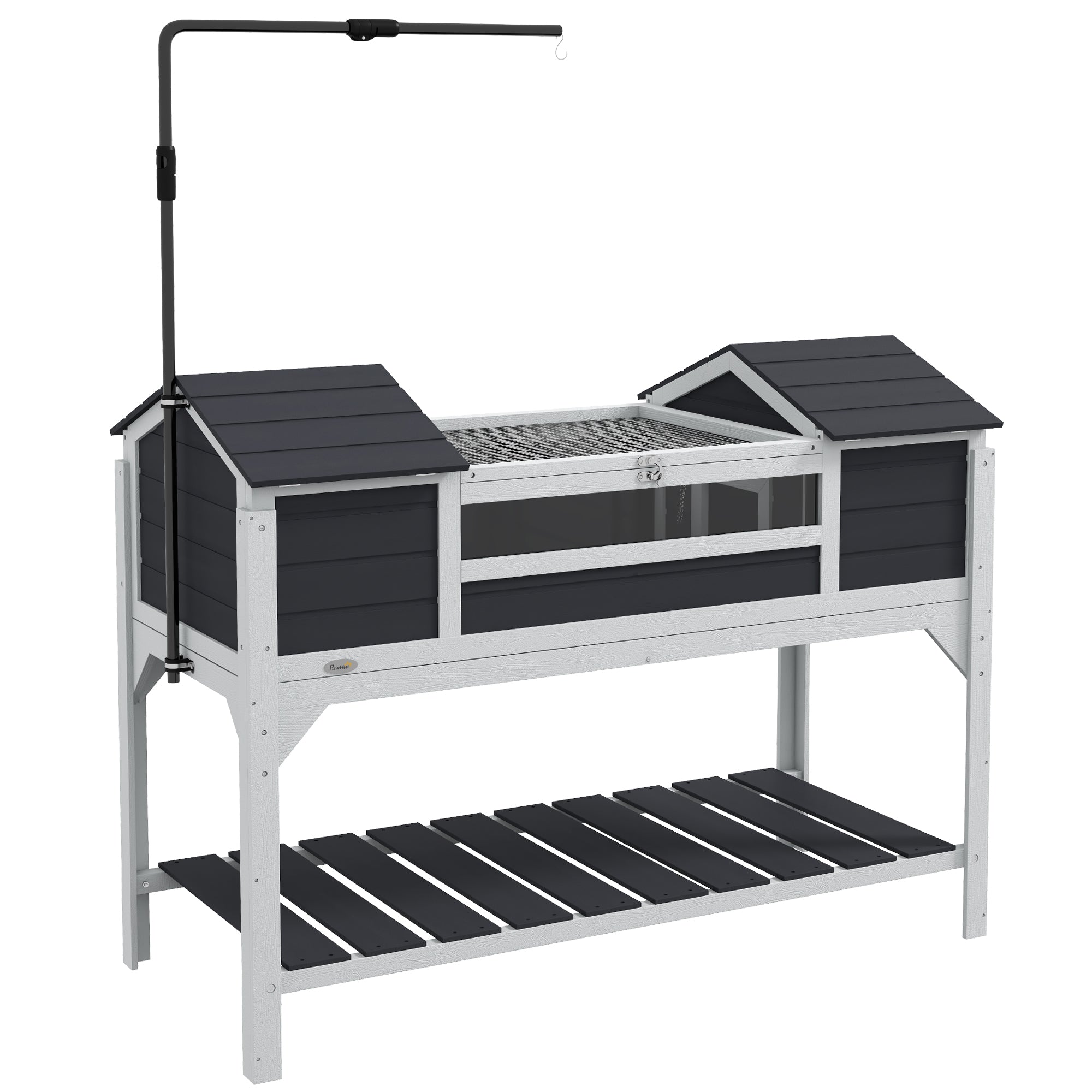 PawHut Wooden Tortoise Enclosure w/ Adjustable Lamp Holder, Openable Lid, Dual Main Houses, Storage Shelf, Fixed Tray - Grey - North Peak Garden Furniture