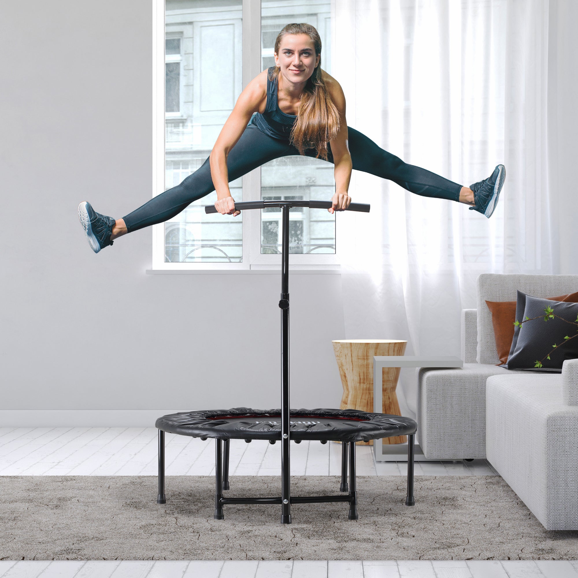 HOMCOM 40'' Fitness Trampoline with Adjustable Handle, Rebounder Trampoline Mini Jumper for Indoor Exercise Workout, Support Up to 100kg, Black - North Peak Garden Furniture