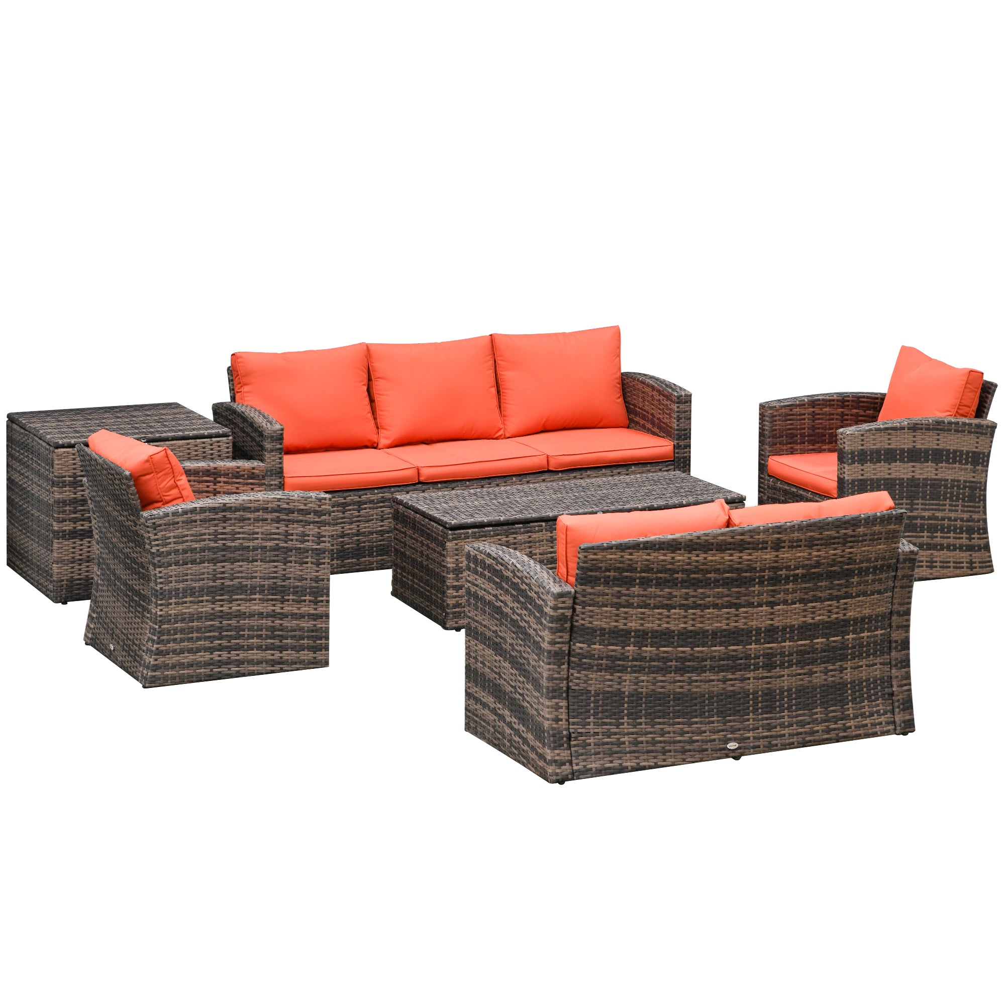 Outsunny 6 Pieces Rattan Garden Furniture Set, 7 Seater Wicker Outdoor Furniture Set with Storage Tea Table & Side Table, Sectional Garden Sofa Set with Cushions, Orange - North Peak Garden Furniture
