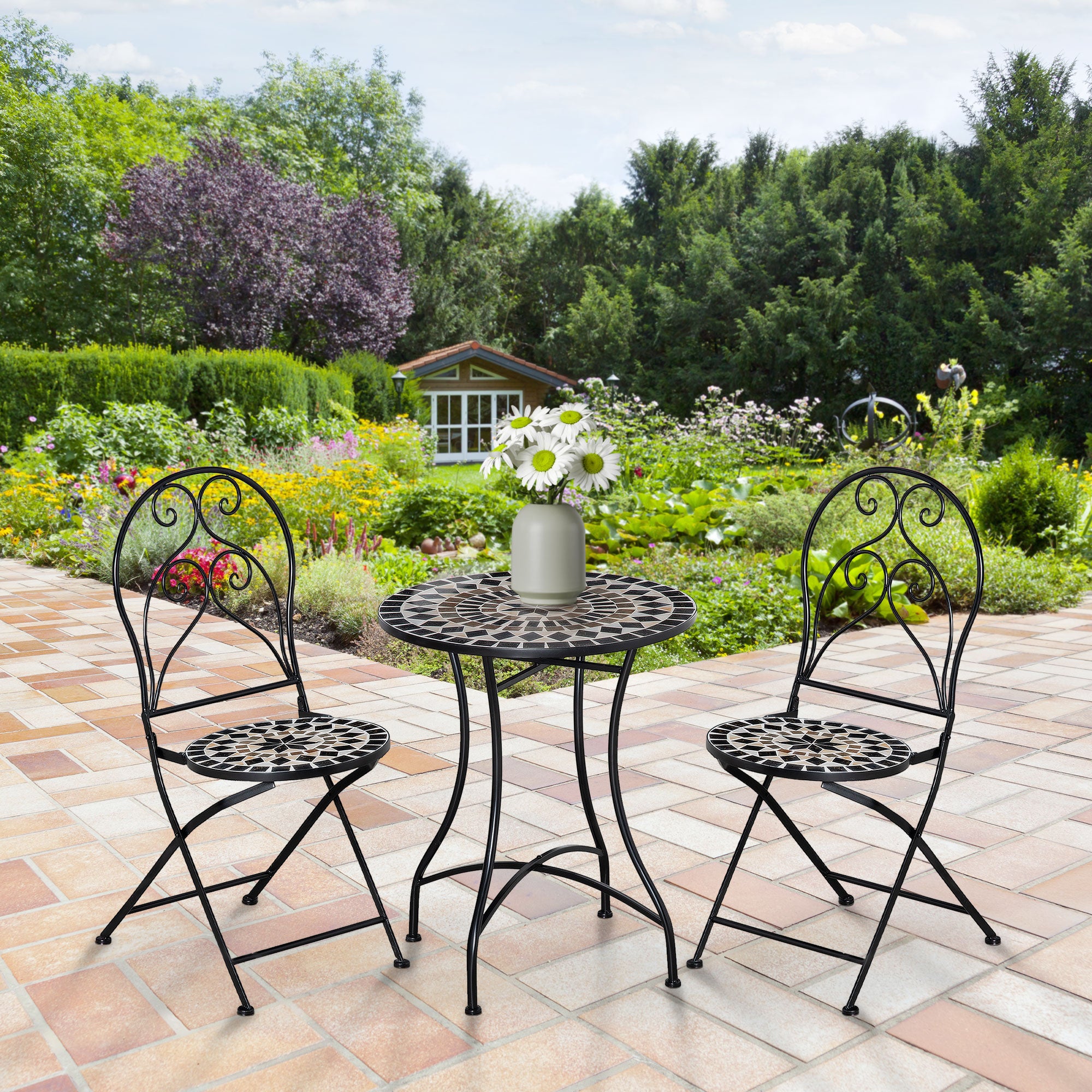 Outsunny 3 Piece Garden Bistro Set with Coffee Table and 2 Folding Chairs, Mosaic Tile Top and Seats, Metal Frame, for Patio Balcony - North Peak Garden Furniture