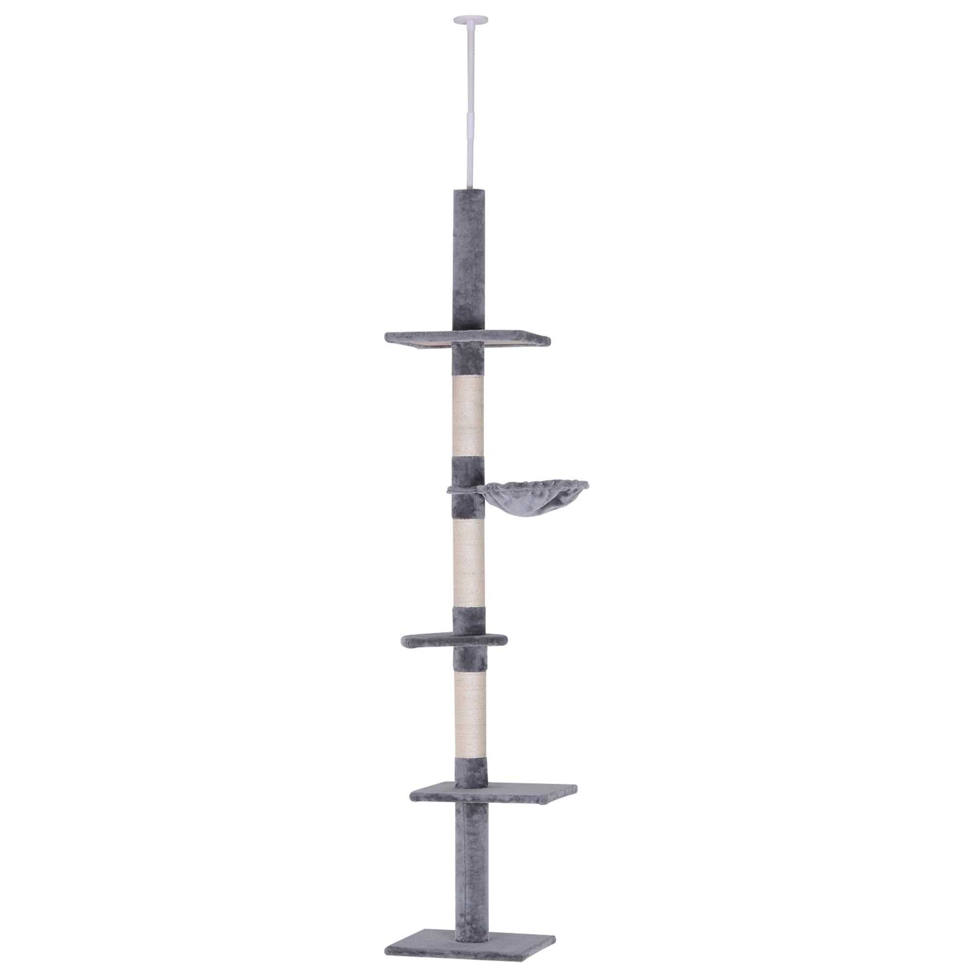 PawHut Floor to Ceiling Cat Tree for Indoor Cats 5-Tier Kitty Tower Climbing Activity Center Scratching Post Adjustable Height 230-260 cm Grey - North Peak Garden Furniture