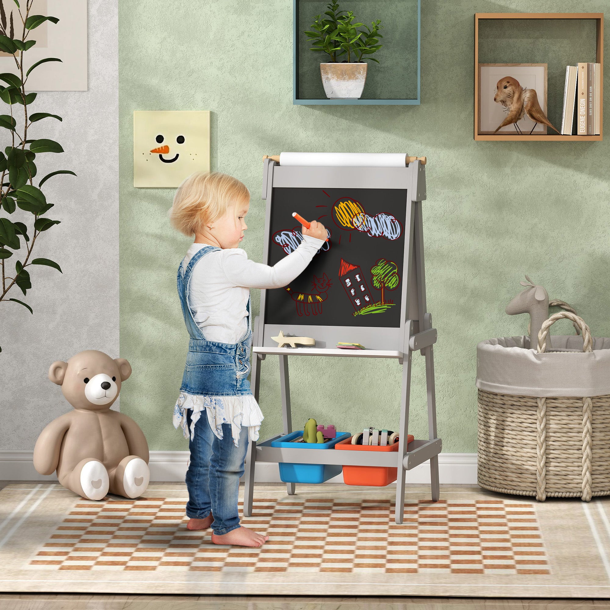 AIYAPLAY Art Easel for Kids with Paper Roll, Double Sided Painting Easel with Chalk Board, White Board - North Peak Garden Furniture
