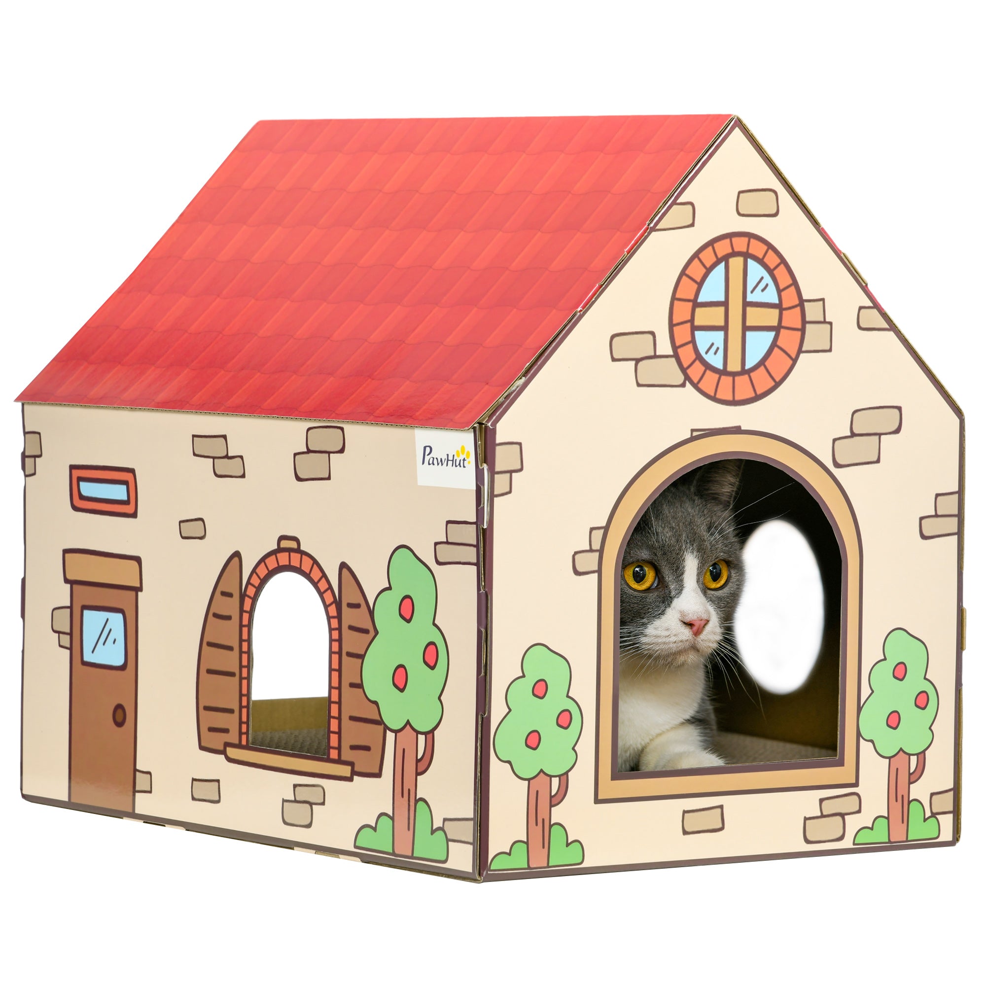 PawHut Two-In-One Cat House, Cat Scratching Board with Scratcher, Catnip, Cat Cardboard Scratcher for Indoor Cats - North Peak Garden Furniture