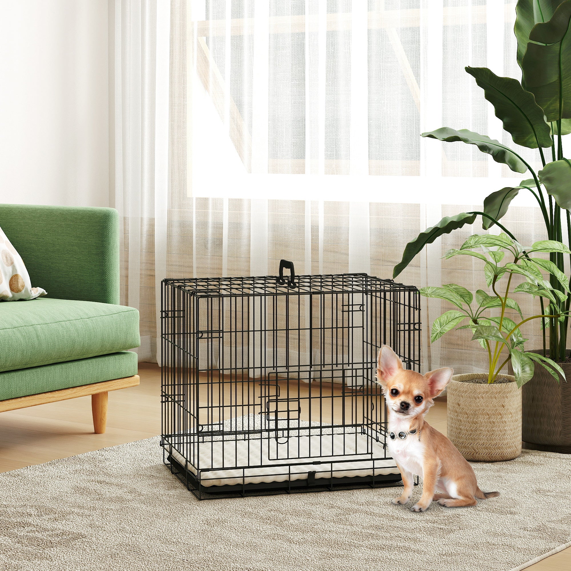 PawHut Dog Crate with 2 Doors with Tray, Soft Cushion, Foldable Metal Dog Cage for Extra Small Dogs, 60 x 40 x 50, Black - North Peak Garden Furniture